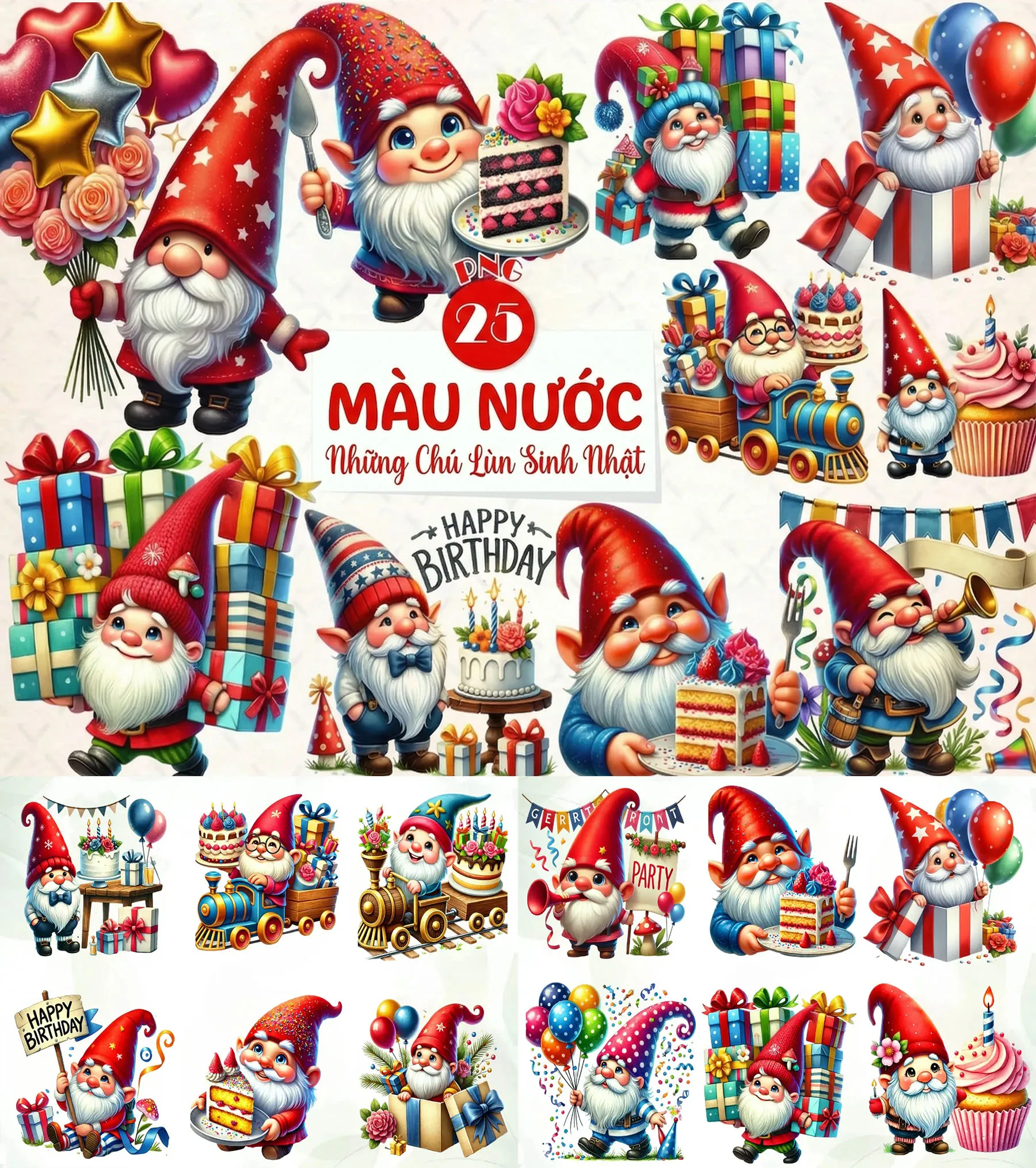 Bộ 25 Chú Lùn Gnome Sinh Nhật Màu Nước Vui Nhộn