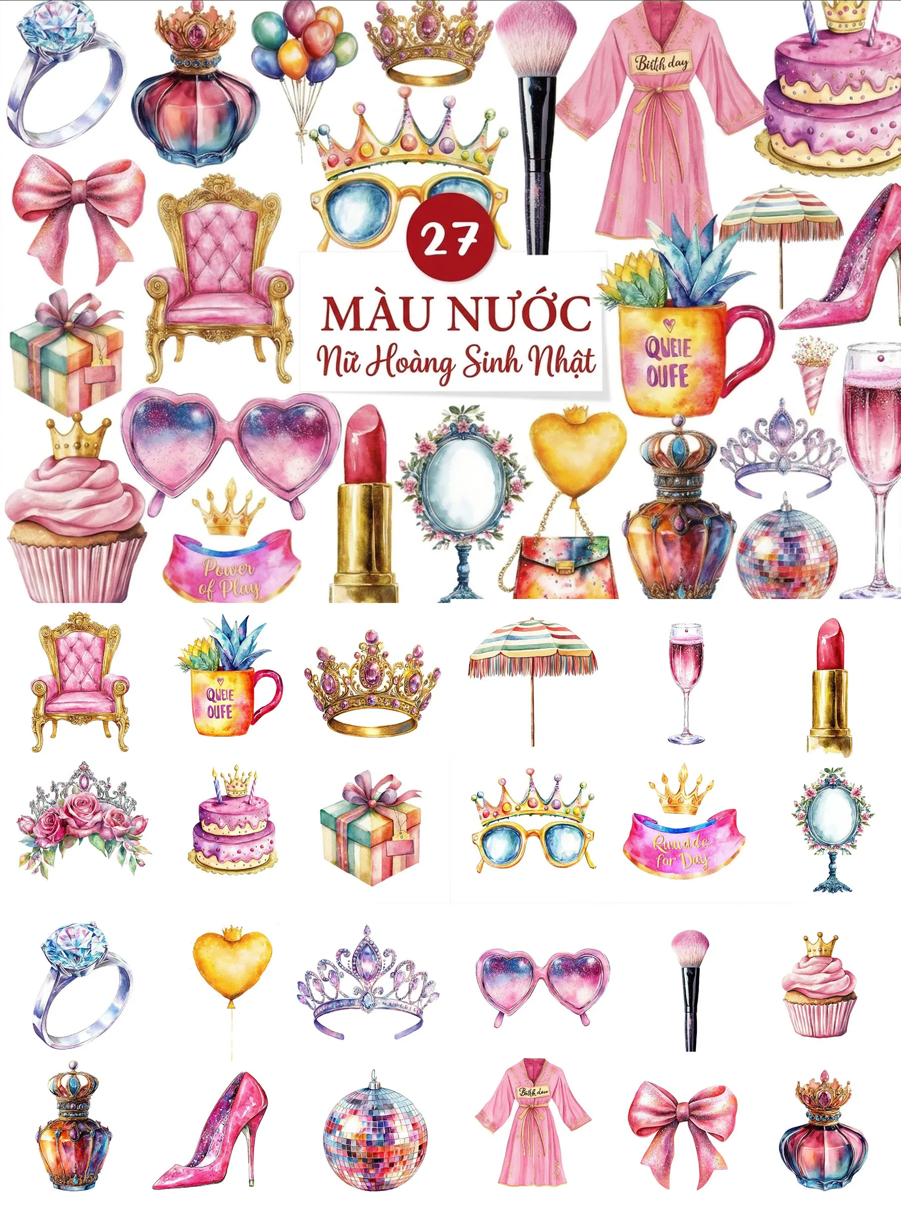 Bộ 27 Phụ Kiện Nữ Hoàng Sinh Nhật Sang Chảnh Màu Nước