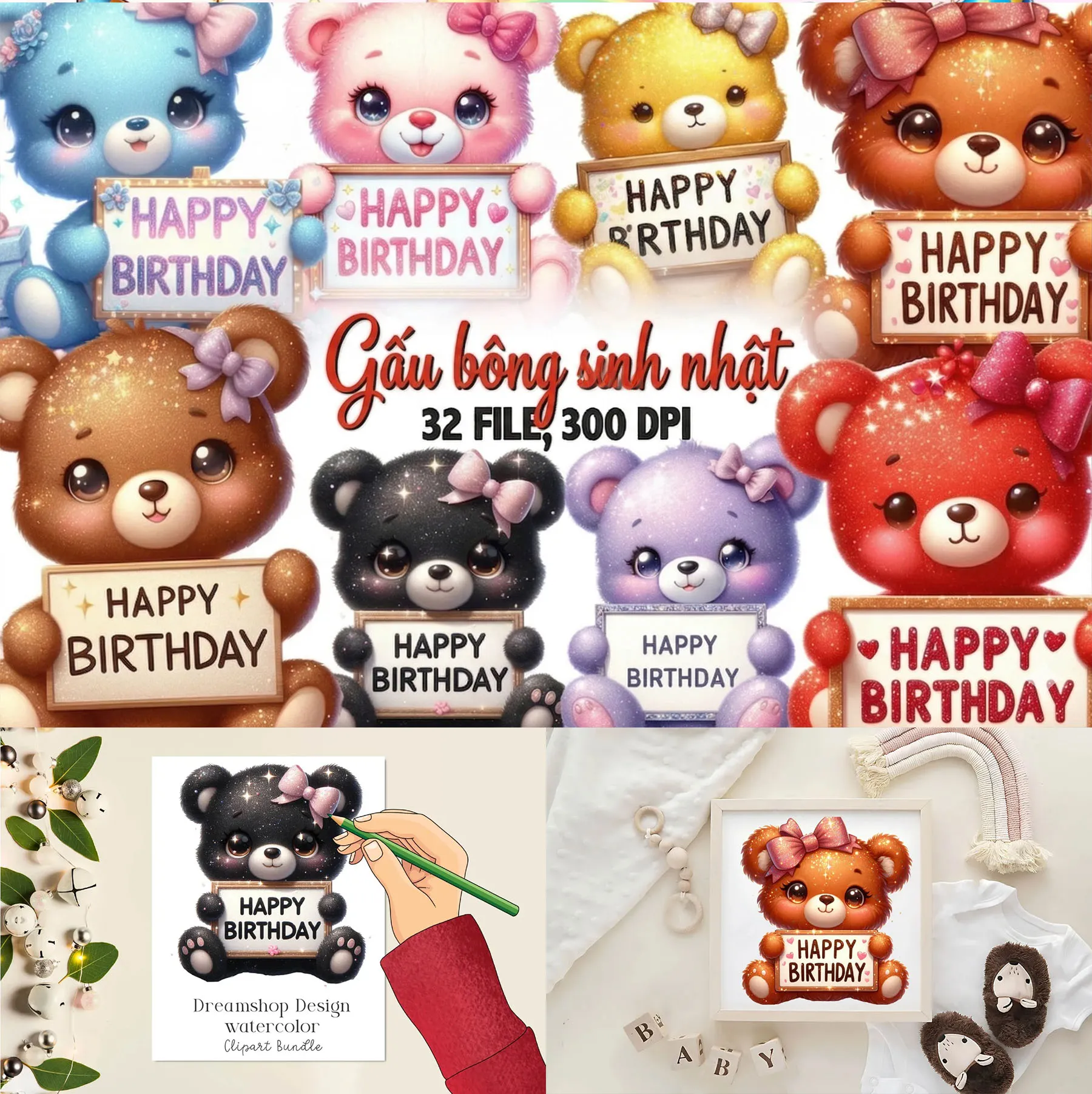 Bộ 32 Clipart Gấu Bông Sinh Nhật Cầm Bảng Chúc Mừng