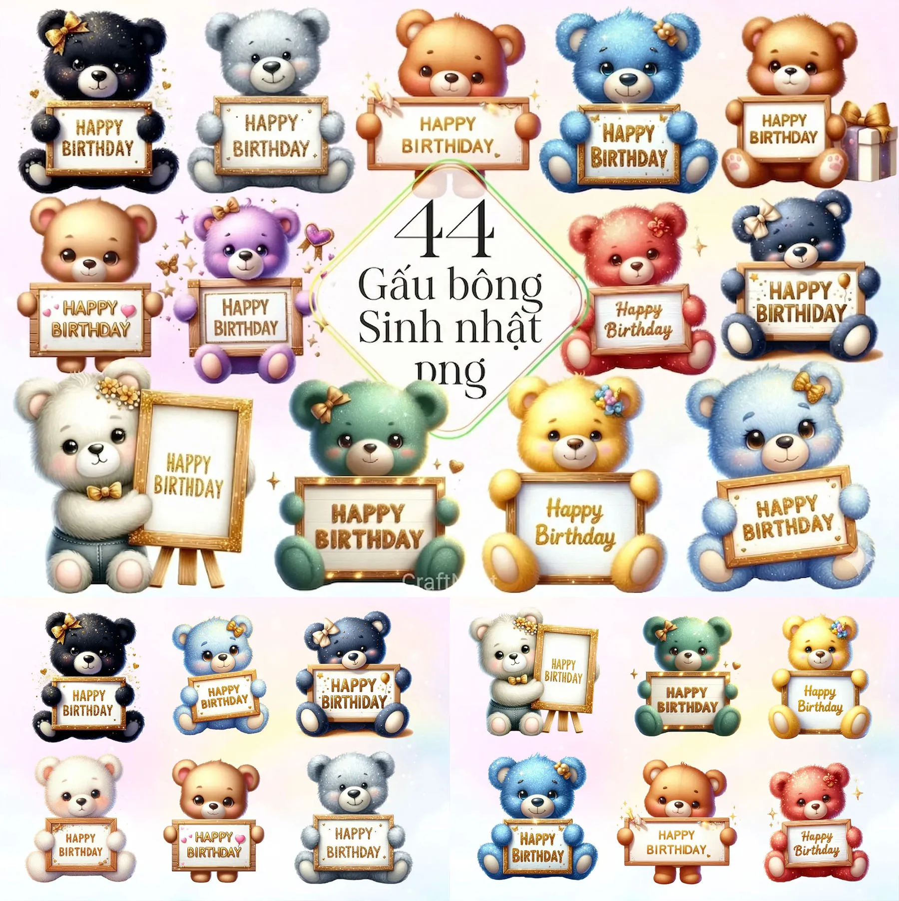 Bộ 44 Gấu Bông Sinh Nhật Màu Nước Đa Sắc Thái