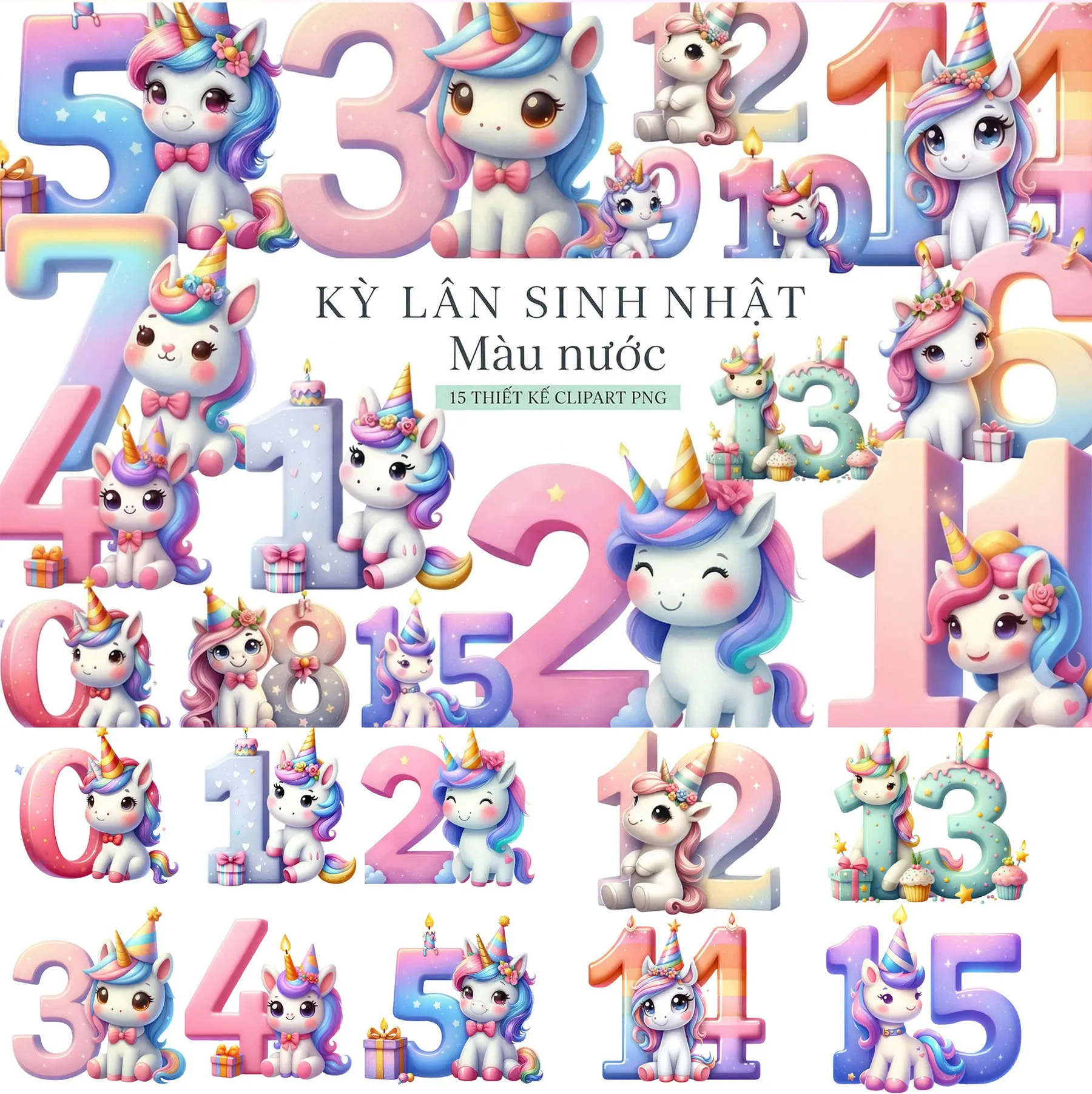 Bộ 15 Clipart Kỳ Lân Sinh Nhật Kèm Chữ Số