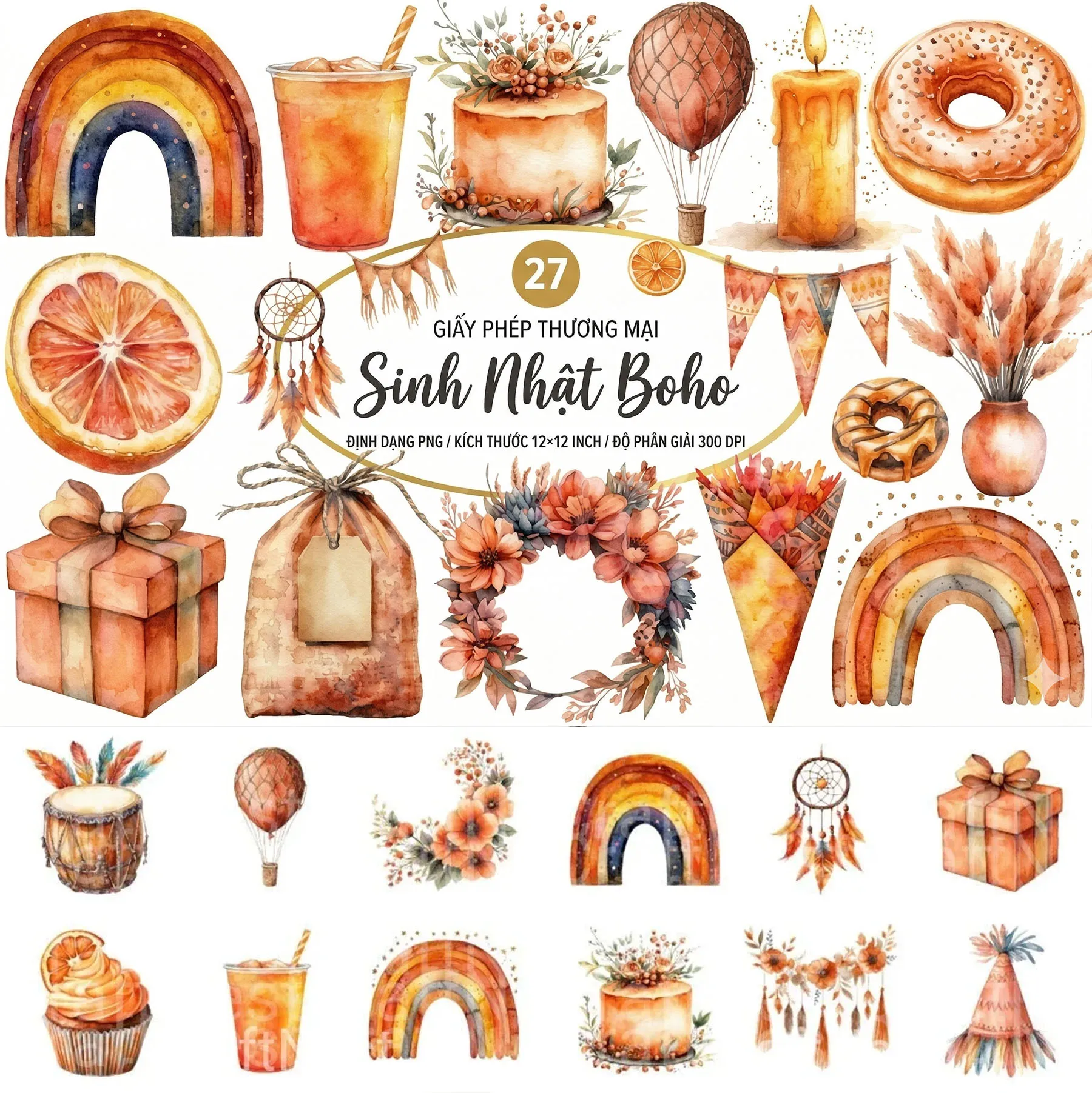 Bộ 27 Clipart Sinh Nhật Boho Độc Đáo (Giấy Phép Thương Mại)