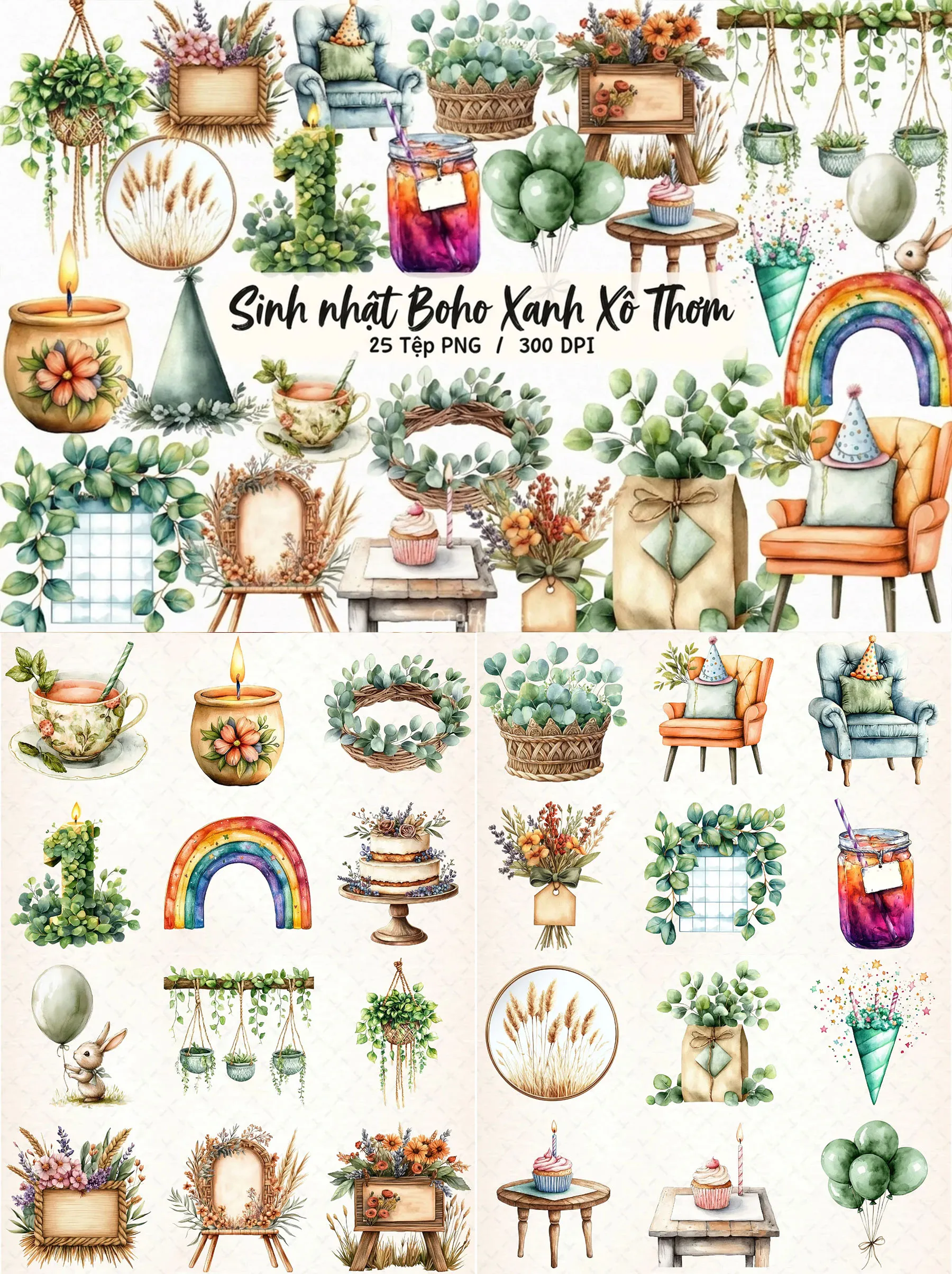 Bộ 25 Tệp PNG Sinh Nhật Boho Xanh Xô Thơm
