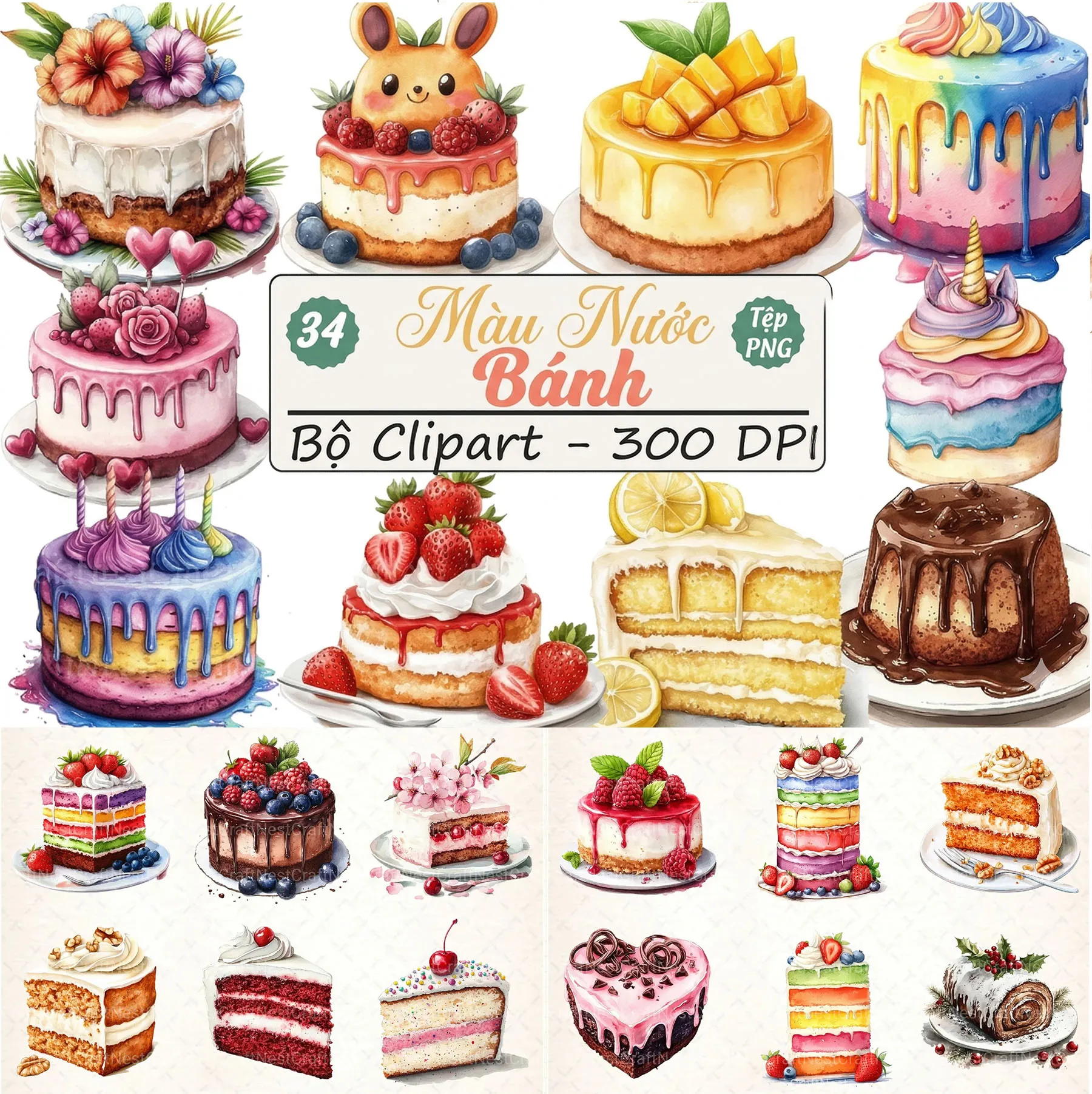 Gói 34 Tệp PNG Bánh Ngọt Tráng Miệng Màu Nước