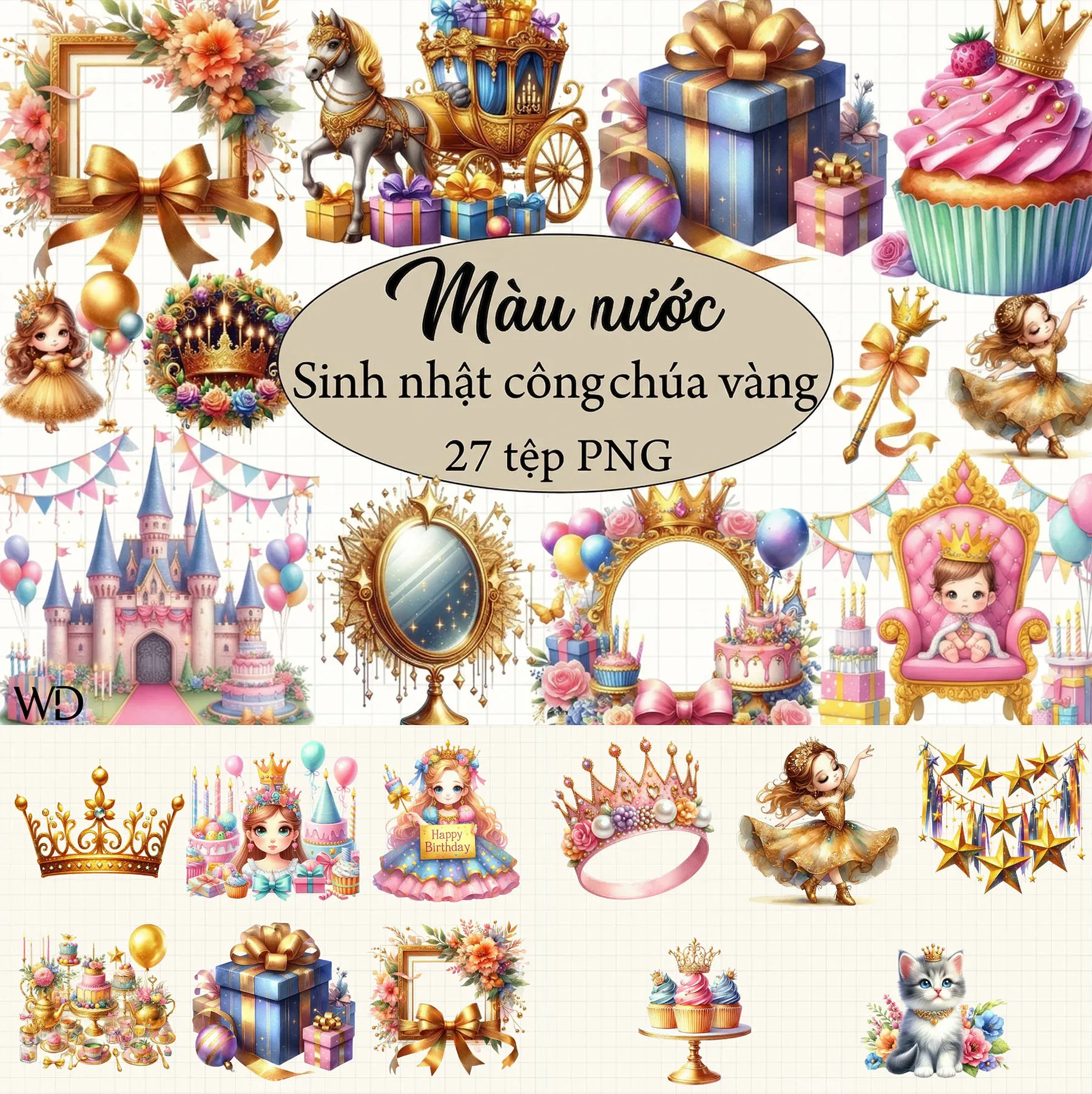 Bộ 27 Clipart Sinh Nhật Công Chúa Vàng Hoàng Gia