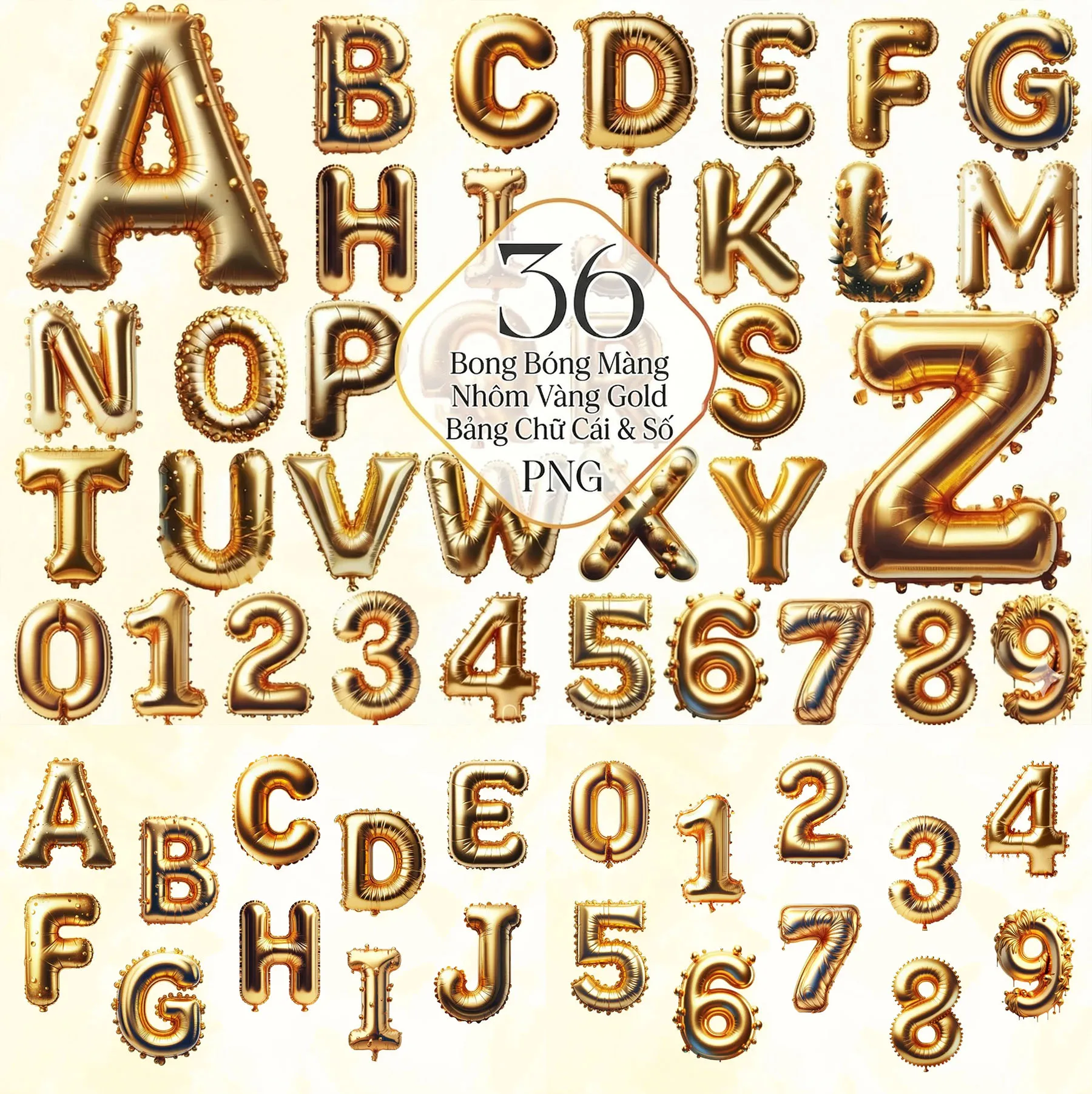 Bộ 36 Bảng Chữ Cái Và Số Bong Bóng Chữ Vàng Gold
