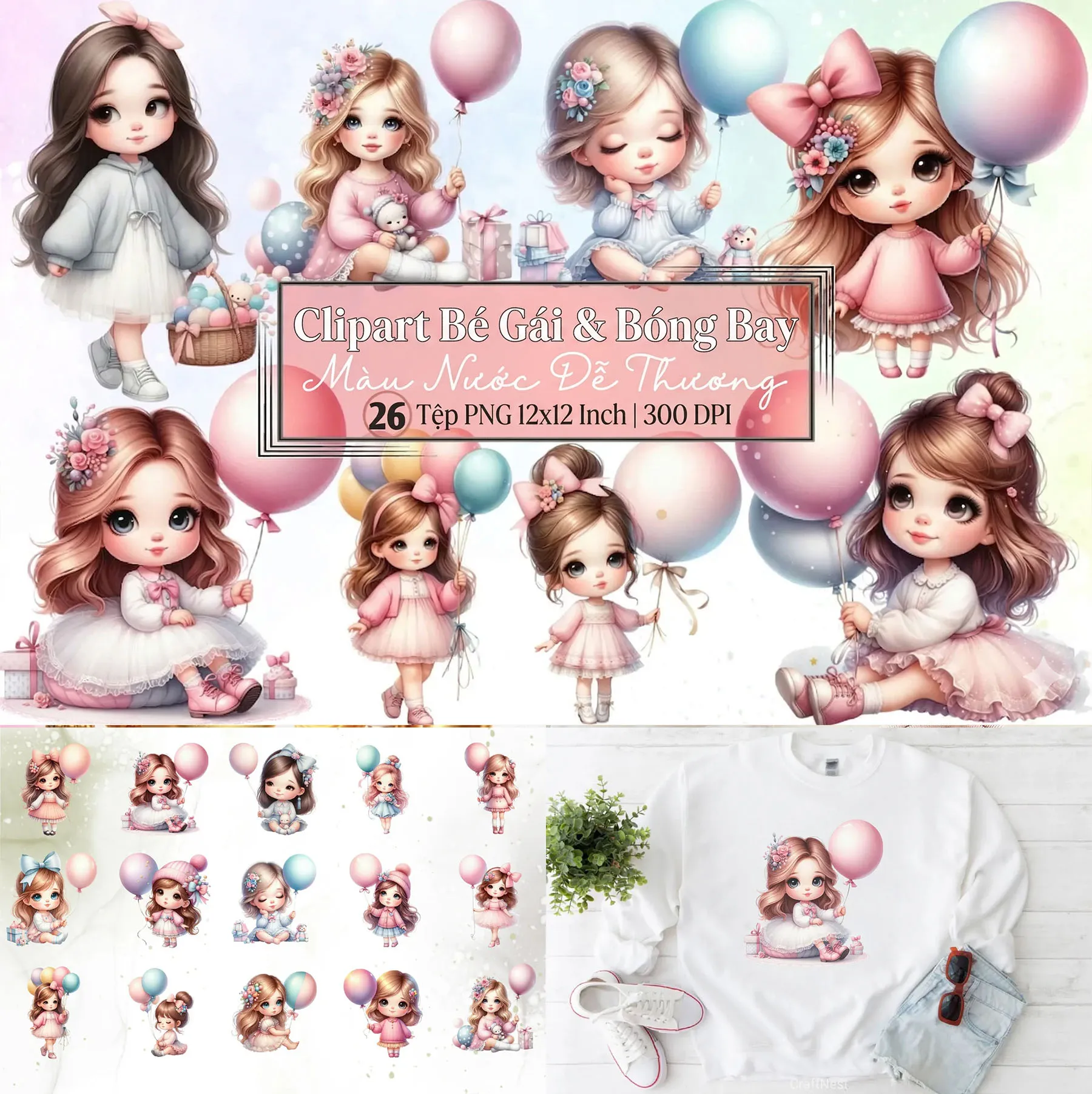 Bộ 26 Clipart Bé Gái Ôm Bóng Bay Màu Nước Dễ Thương