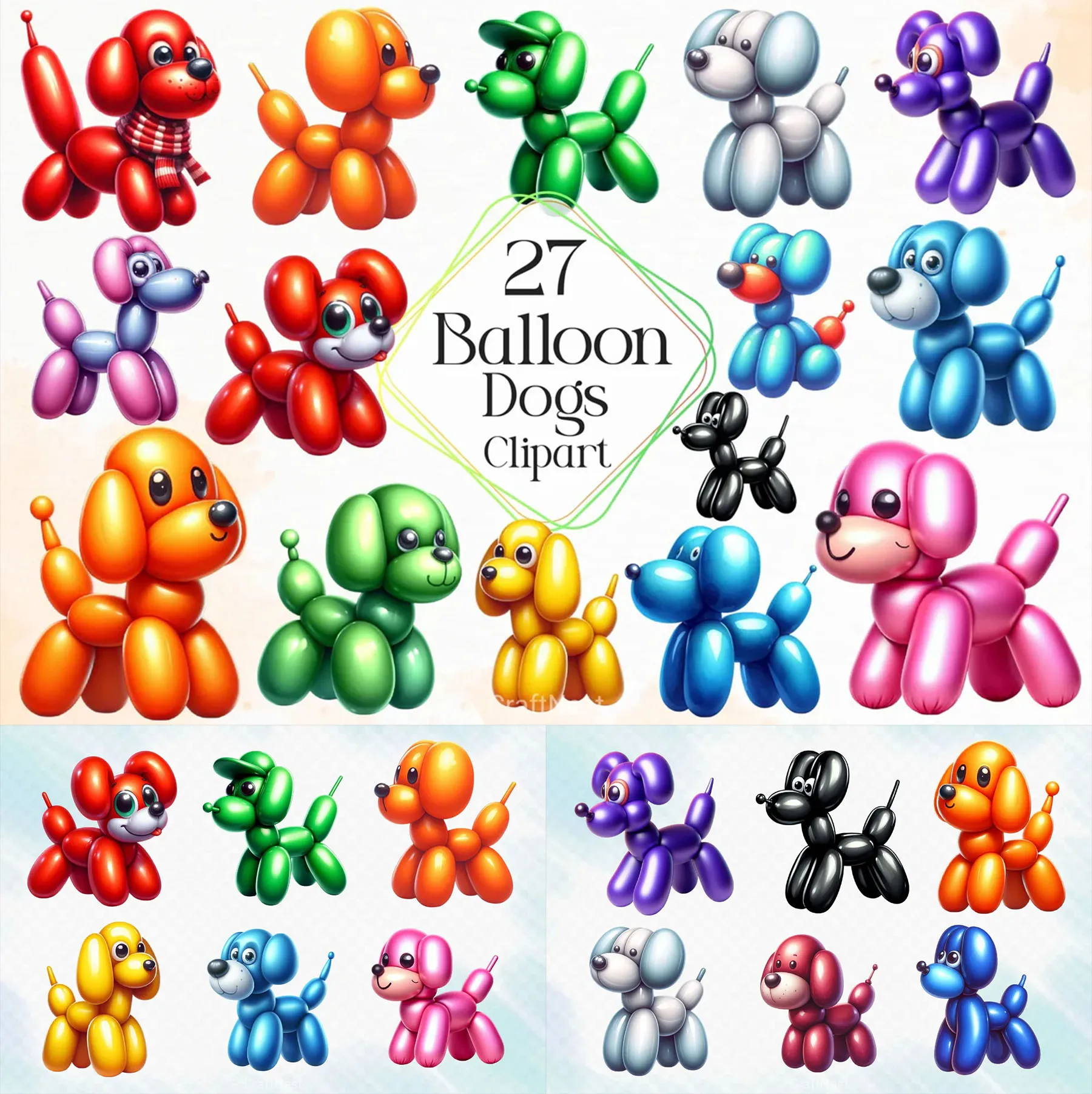 Bộ 27 Clipart Chó Bong Bóng Nghệ Thuật 3D Đa Sắc
