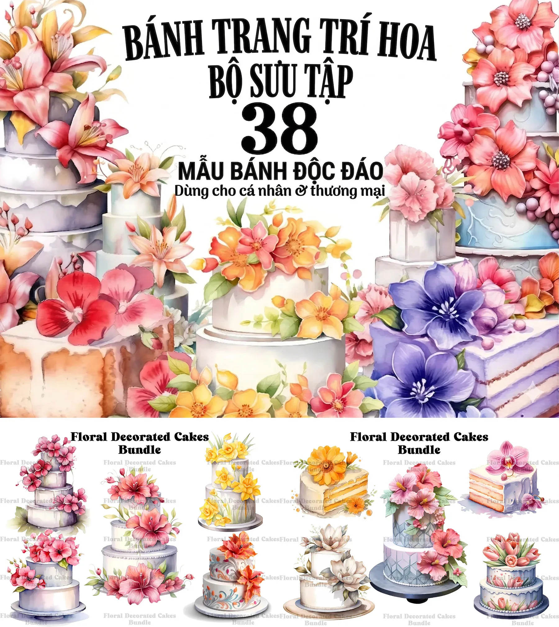 Bộ 38 Mẫu Bánh Kem Trang Trí Hoa Tươi Màu Nước