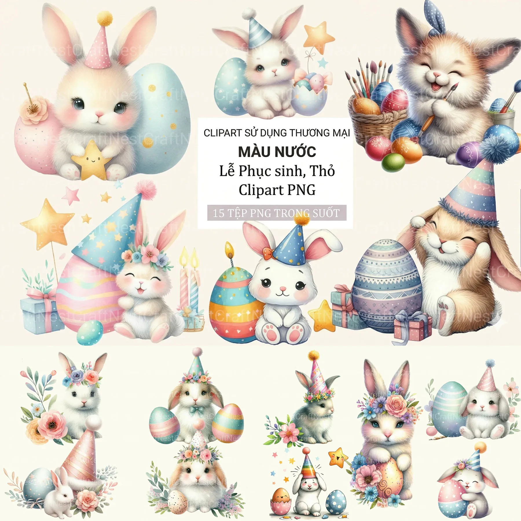 Bộ 15 Clipart Thỏ Lễ Phục Sinh Và Trứng Màu Nước
