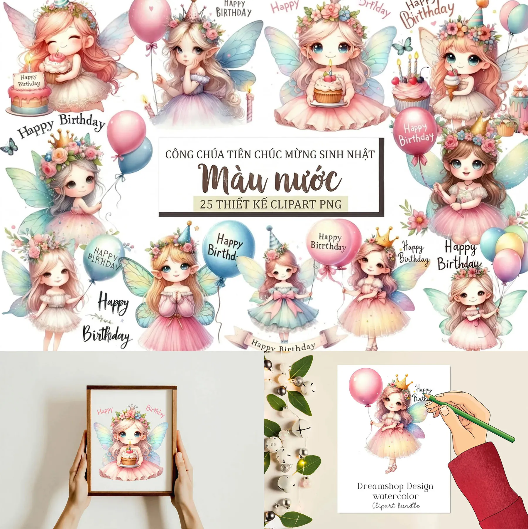 Bộ 25 Clipart Nàng Tiên Công Chúa Sinh Nhật Màu Nước