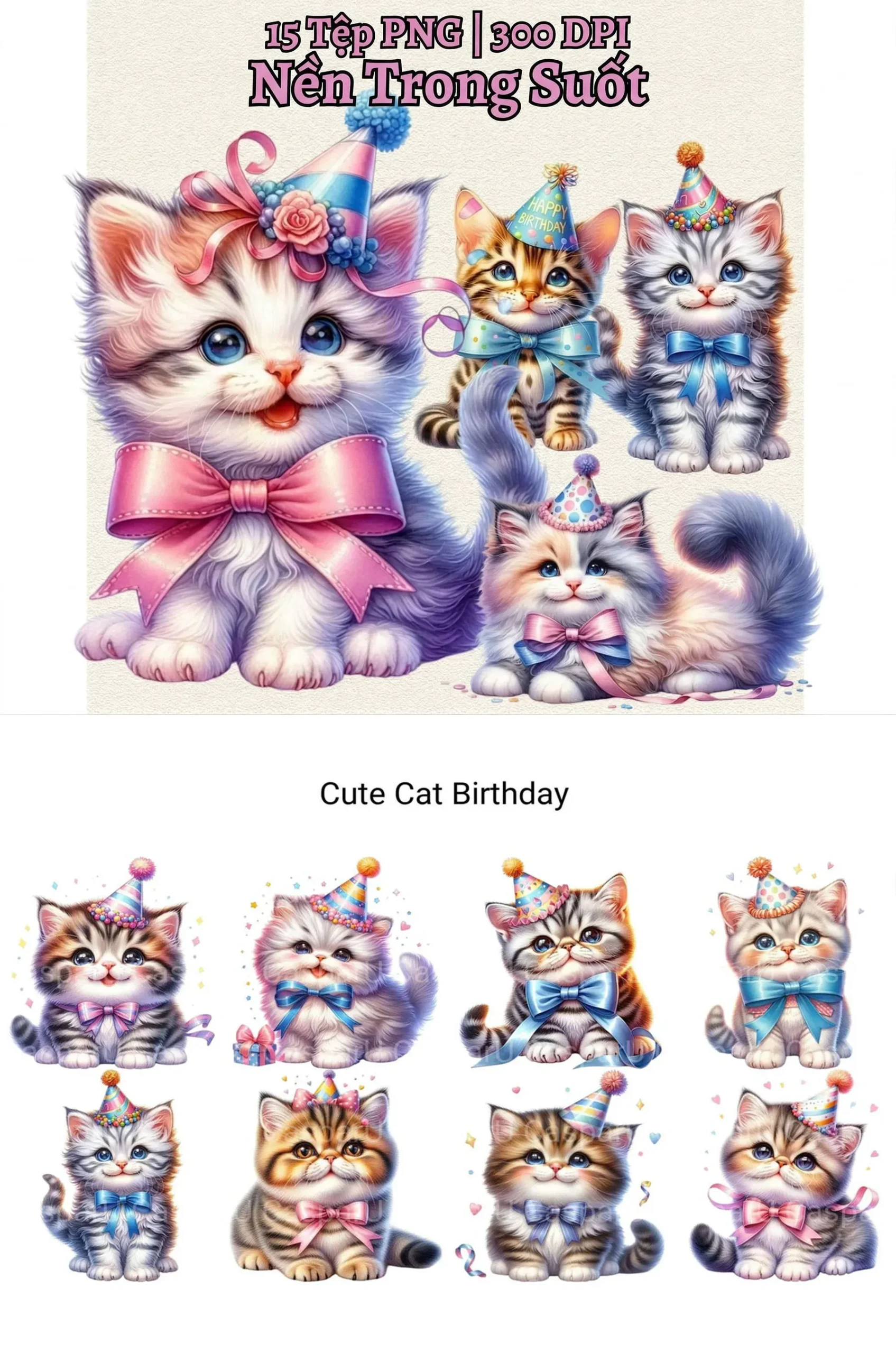 Bộ 15 Clipart Mèo Con Chúc Mừng Sinh Nhật Dễ Thương
