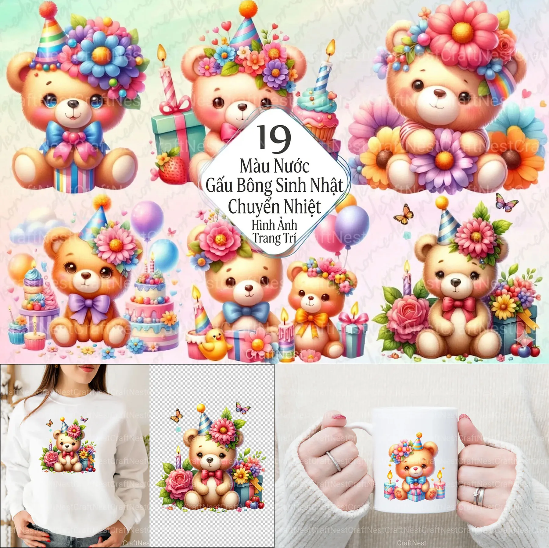 19 Clipart Gấu Bông Sinh Nhật Màu Nước In Chuyển Nhiệt