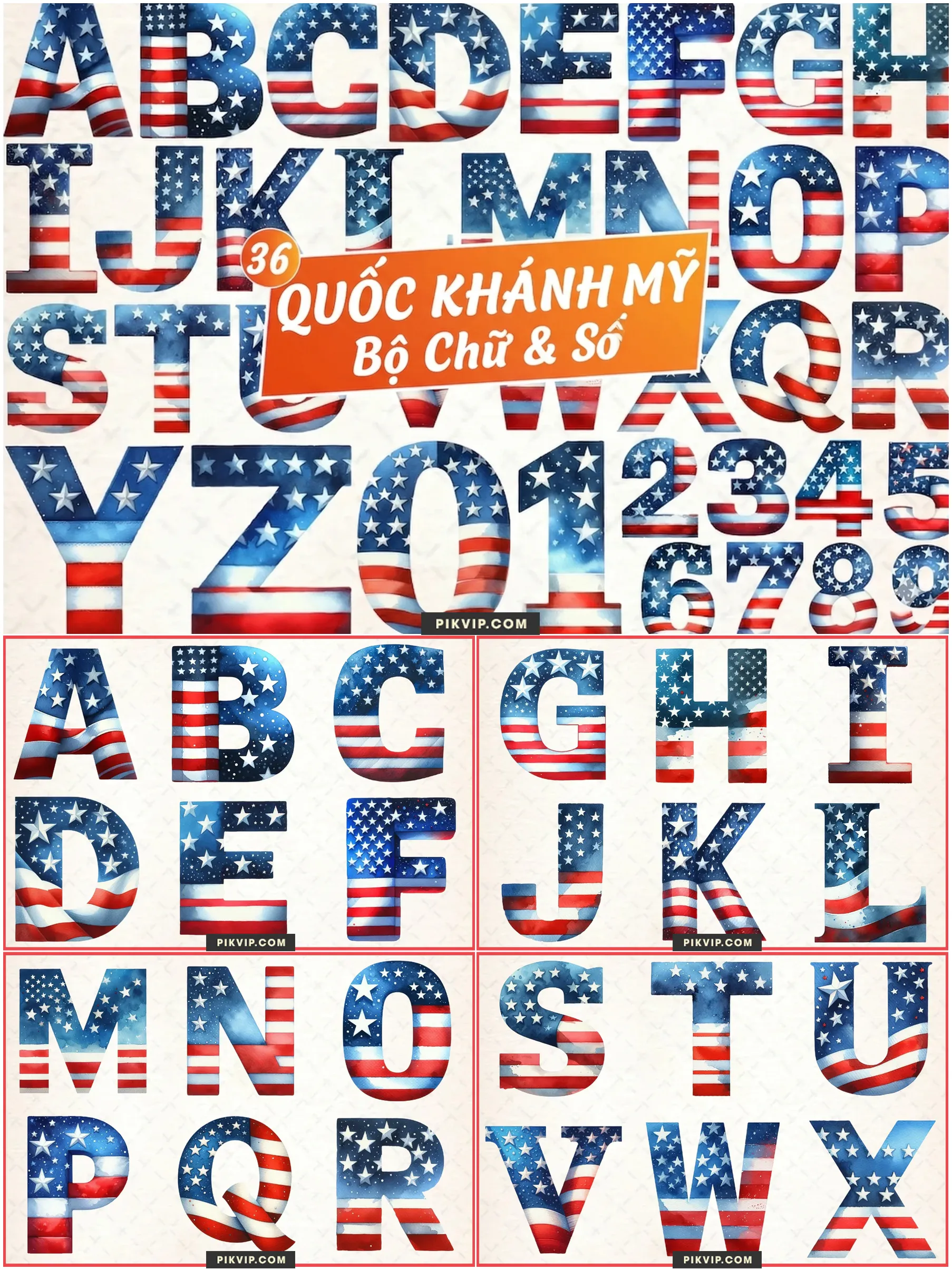 Bộ 36 Chữ Cái Và Số Họa Tiết Cờ Mỹ Mừng Quốc Khánh PNG