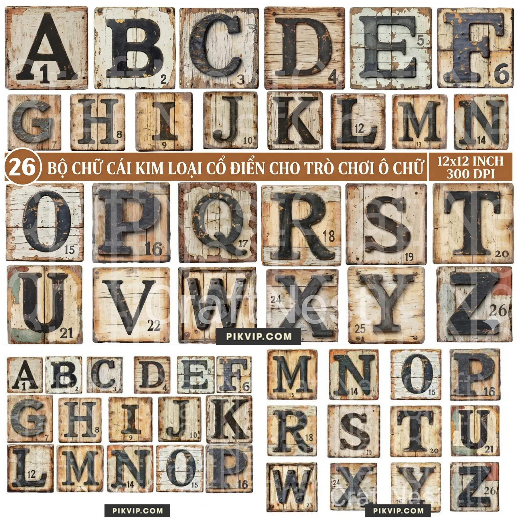 Bộ Chữ Cái Kim Loại Cổ Điển Trên Gỗ Phong Cách Trò Chơi Ô Chữ