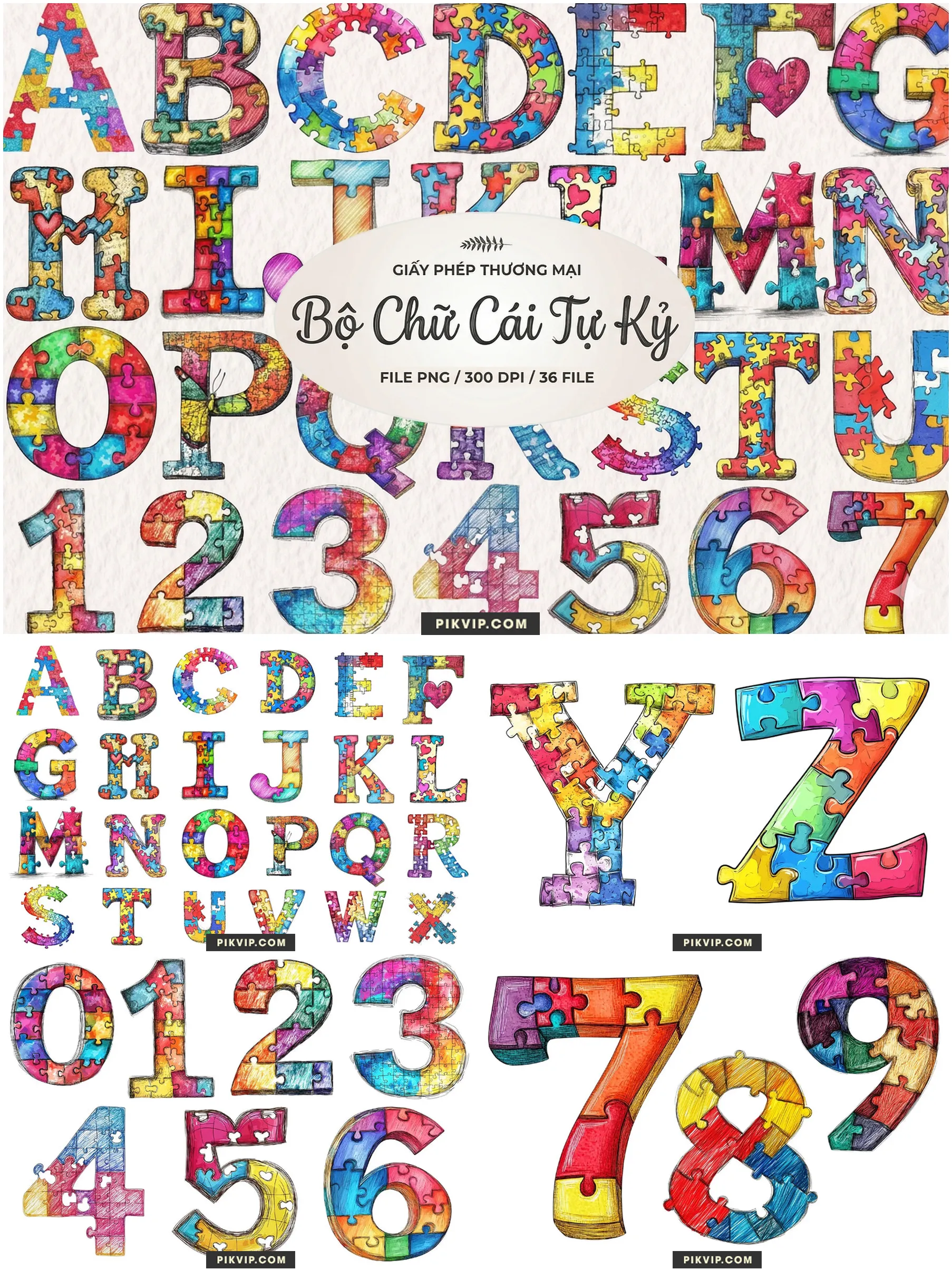 Bộ Chữ Cái Và Số Họa Tiết Mảnh Ghép Nâng Cao Nhận Thức Tự Kỷ PNG