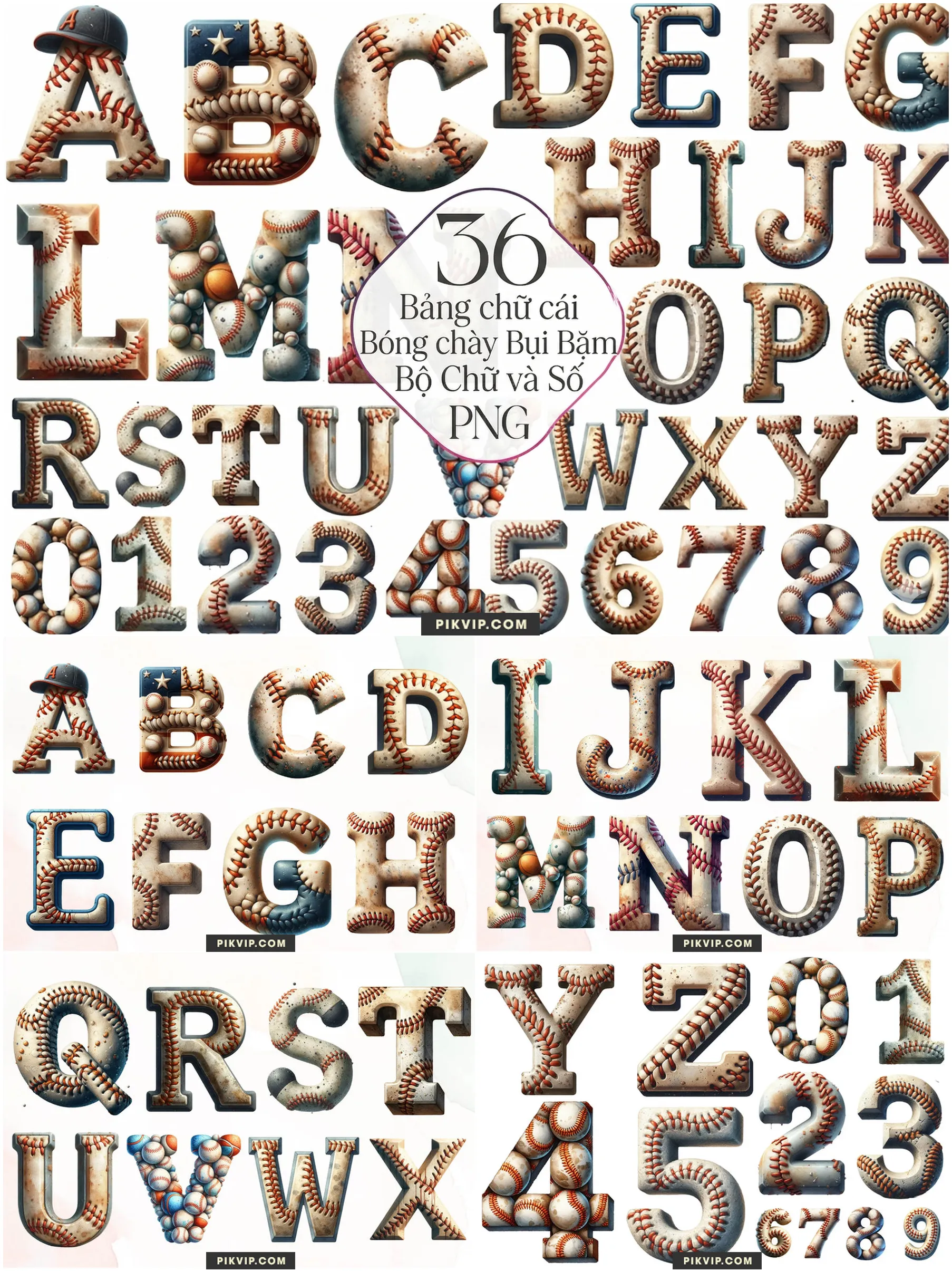 Bộ Chữ Cái Và Số Bóng Chày Bụi Bặm Hiệu Ứng 3D Cực Chất