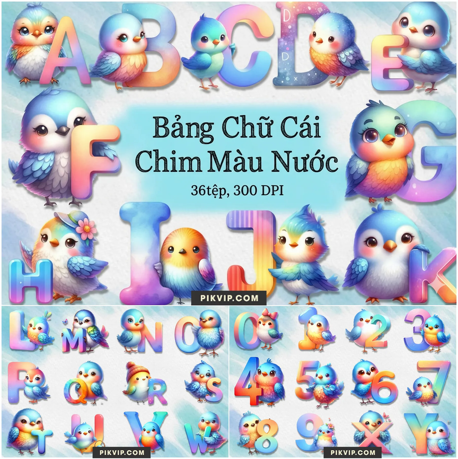 Bảng Chữ Cái Chim Màu Nước Dễ Thương Dành Cho Thiết Kế Trẻ Em