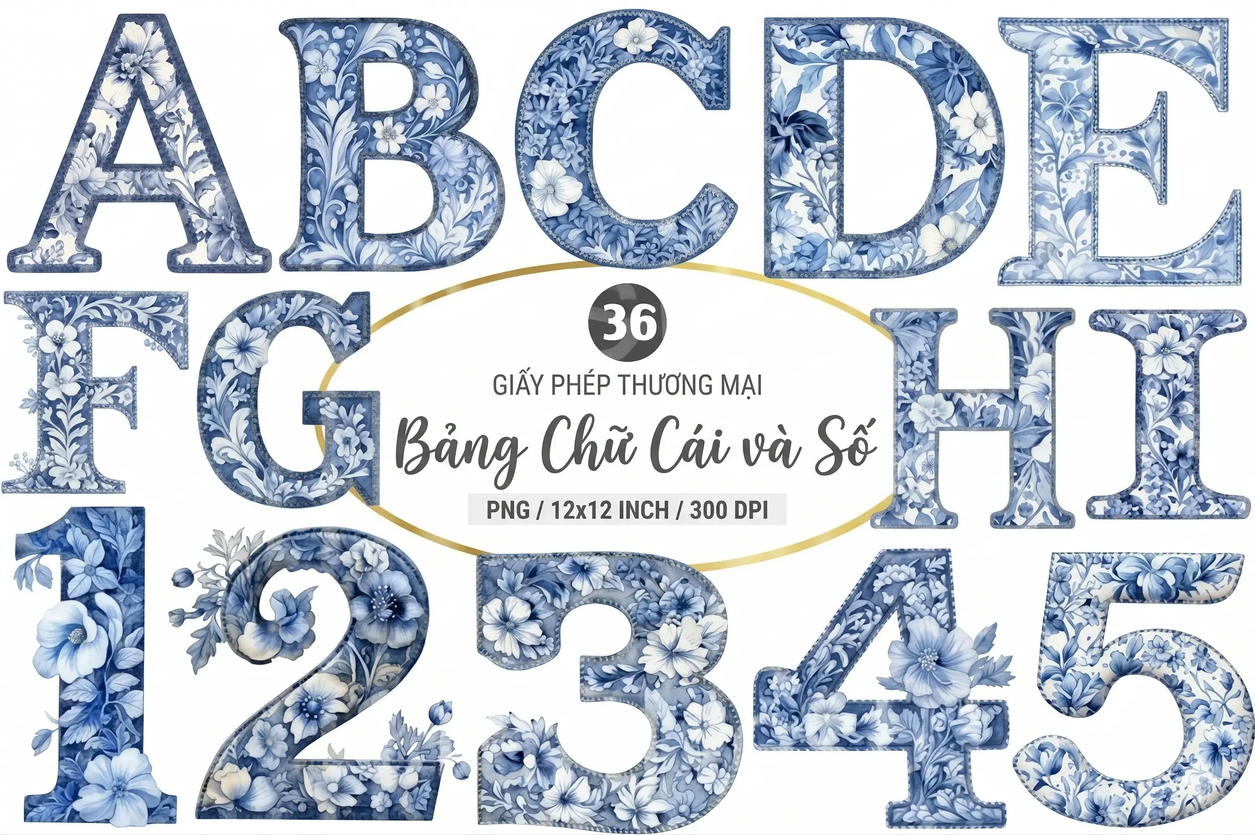 Bảng Chữ Cái Và Số Họa Tiết Hoa Xanh Phong Cách Gốm Sứ PNG