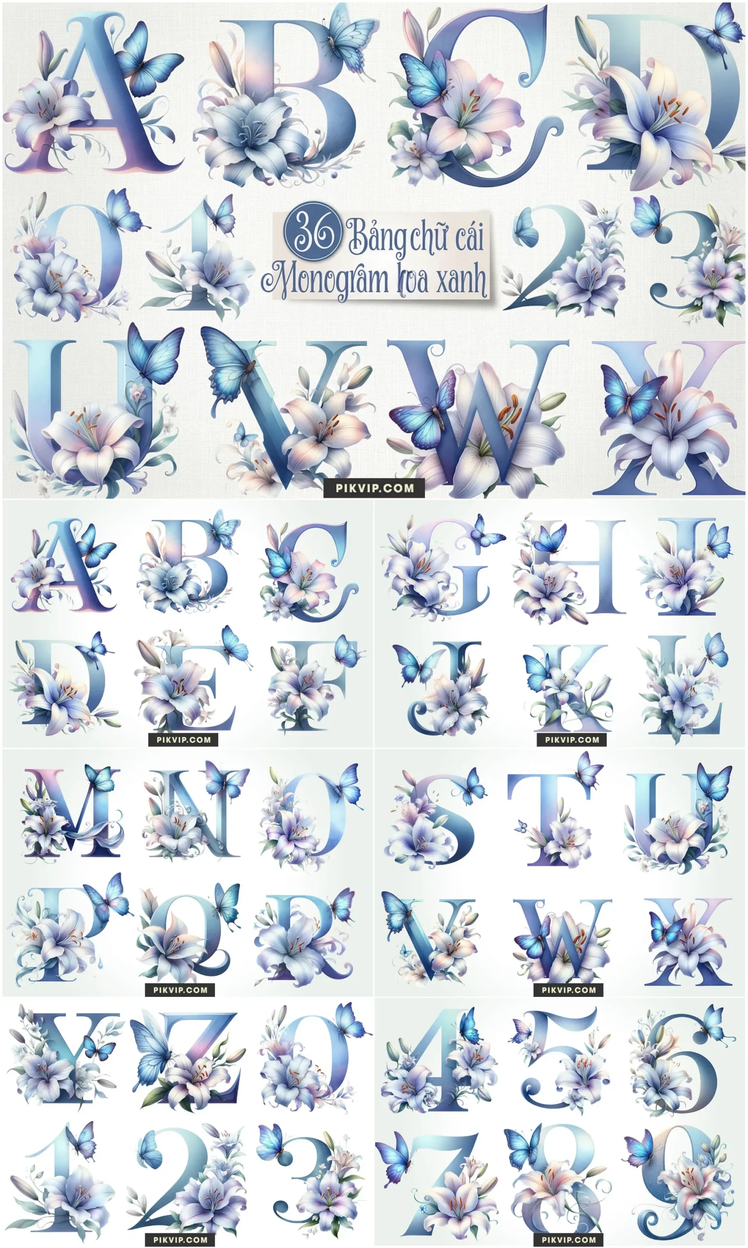 Bảng Chữ Cái Monogram Hoa Lily Xanh Và Bướm Mộng Mơ