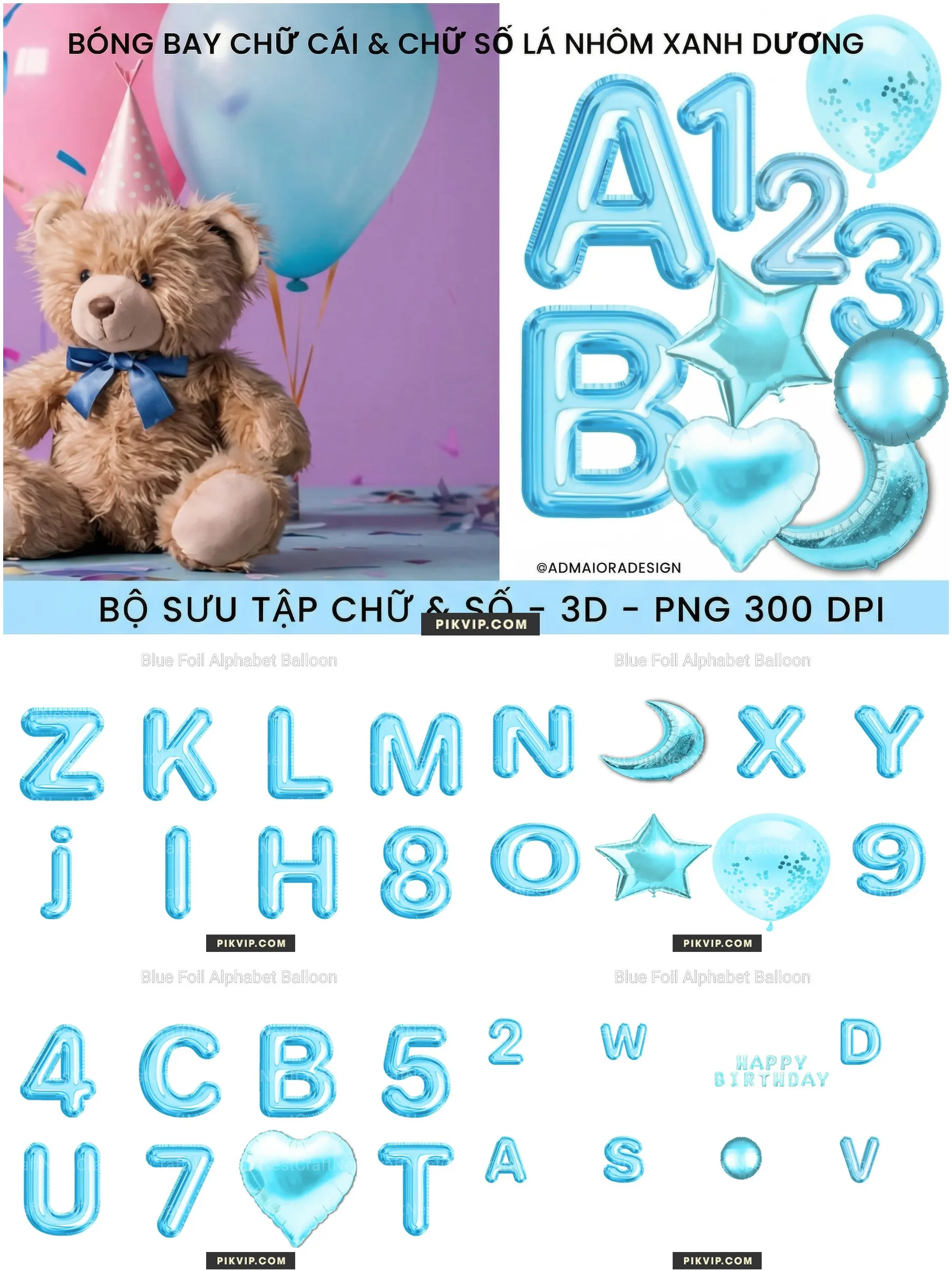 Bá» Chá»¯ CÃ¡i VÃ  Sá» BÃ³ng Bay LÃ¡ NhÃ´m Xanh DÆ°Æ¡ng 3D PNG
