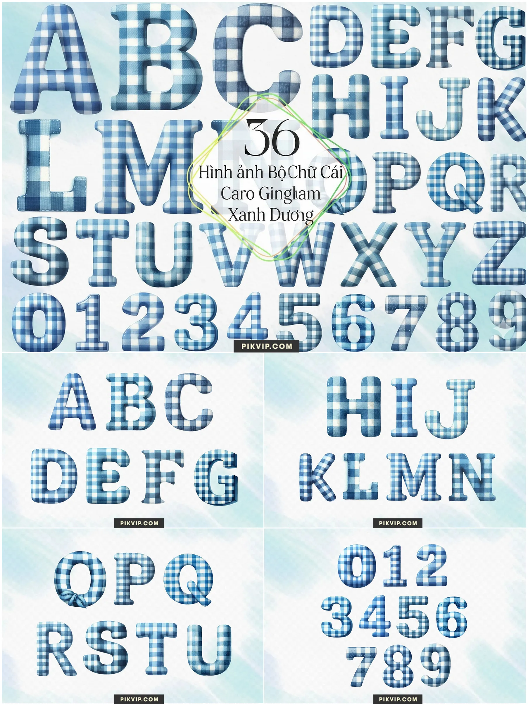 Bộ Bảng Chữ Cái Và Số Họa Tiết Caro Gingham Xanh Dương PNG