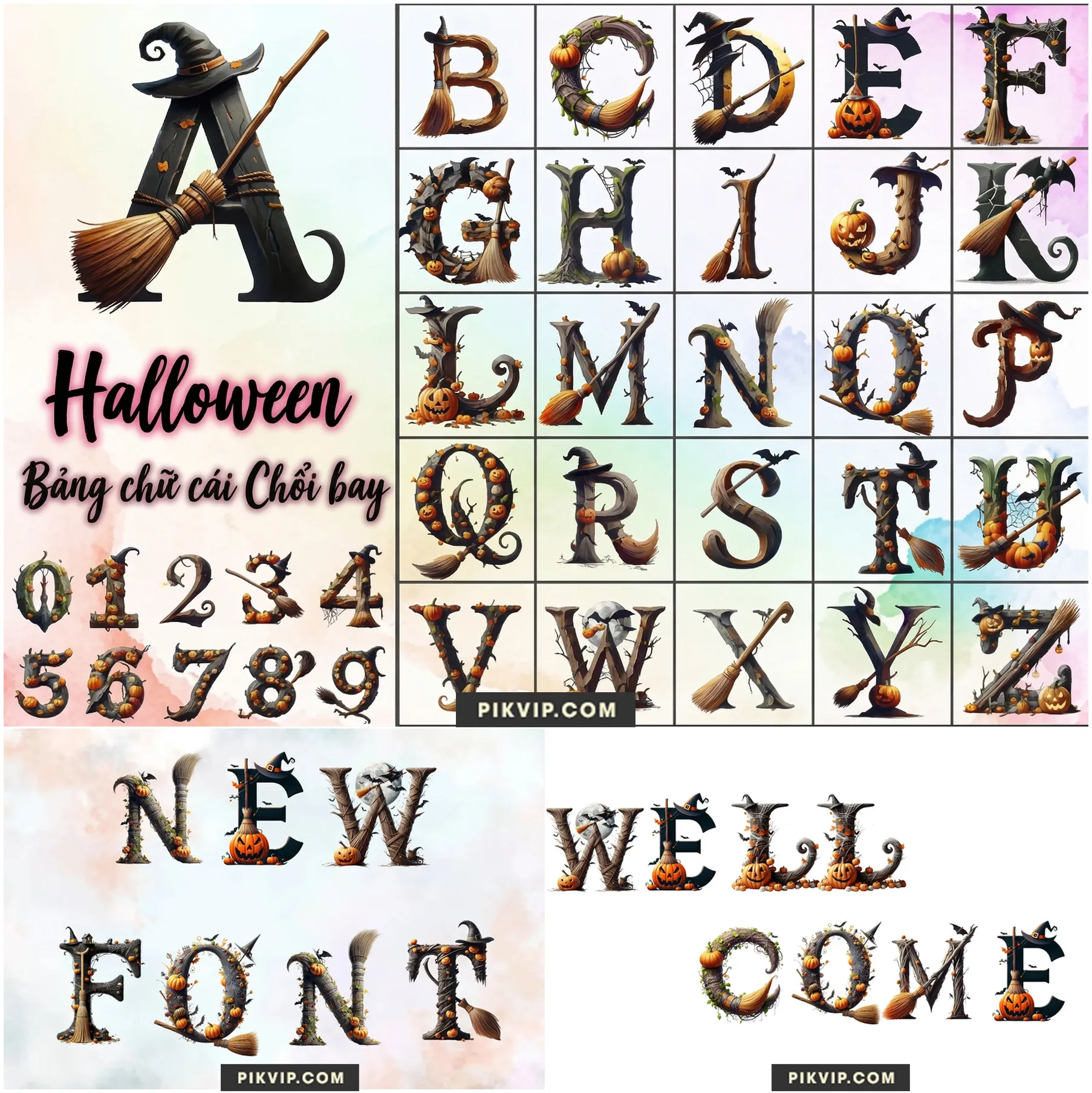 Bảng Chữ Cái Halloween Chổi Bay Và Bí Ngô Ma Quái PNG