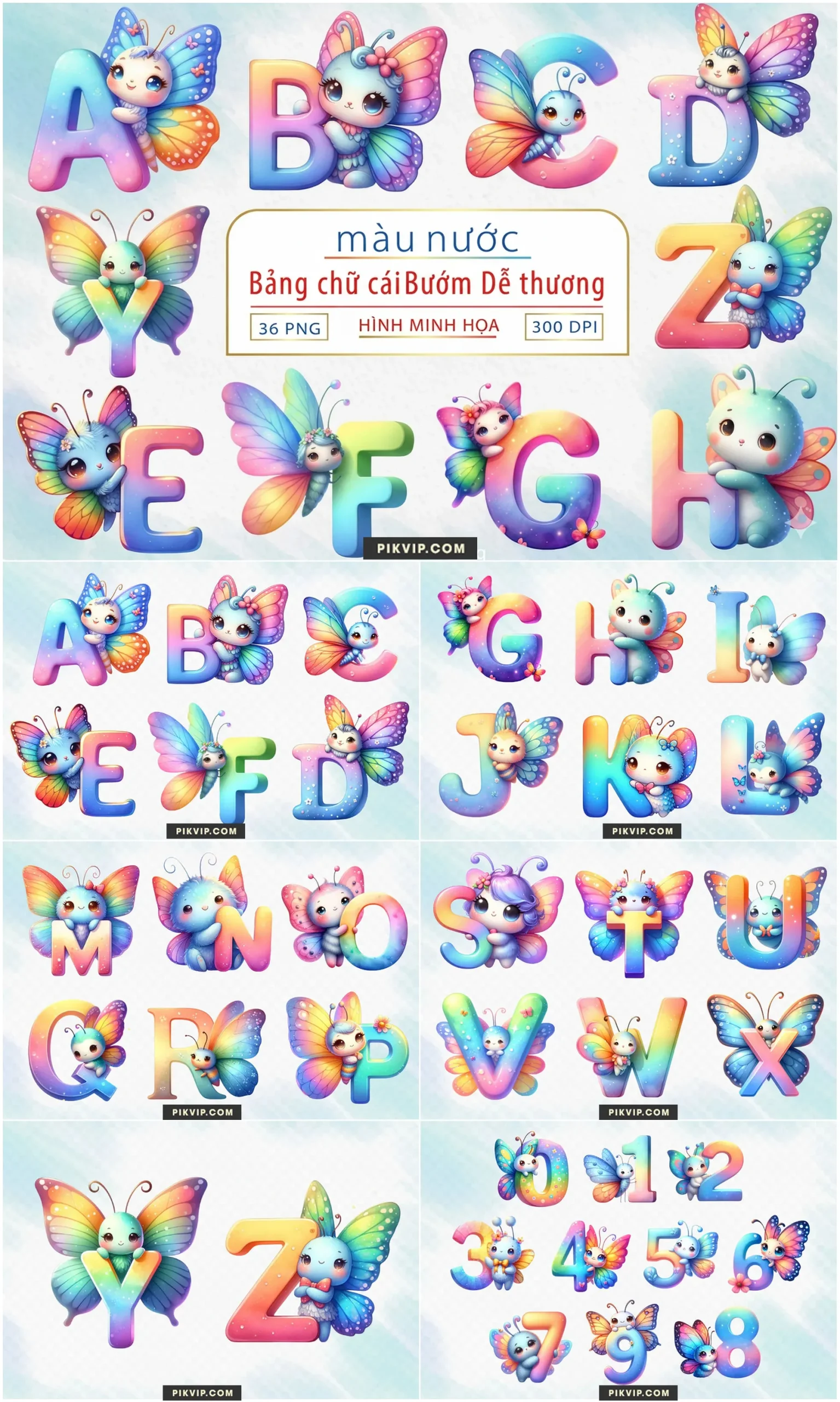 Bộ Chữ Cái Nàng Tiên Bướm Chibi Dễ Thương Màu Nước