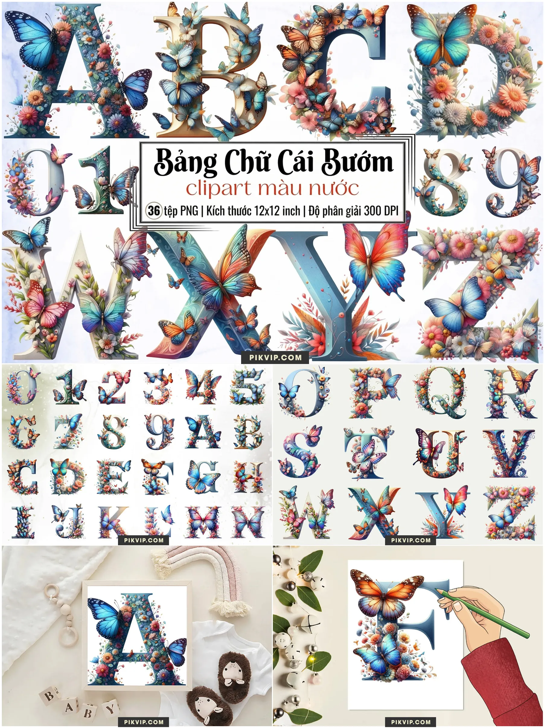 Bảng Chữ Cái Hoa Và Bướm Mùa Xuân Màu Nước Rực Rỡ