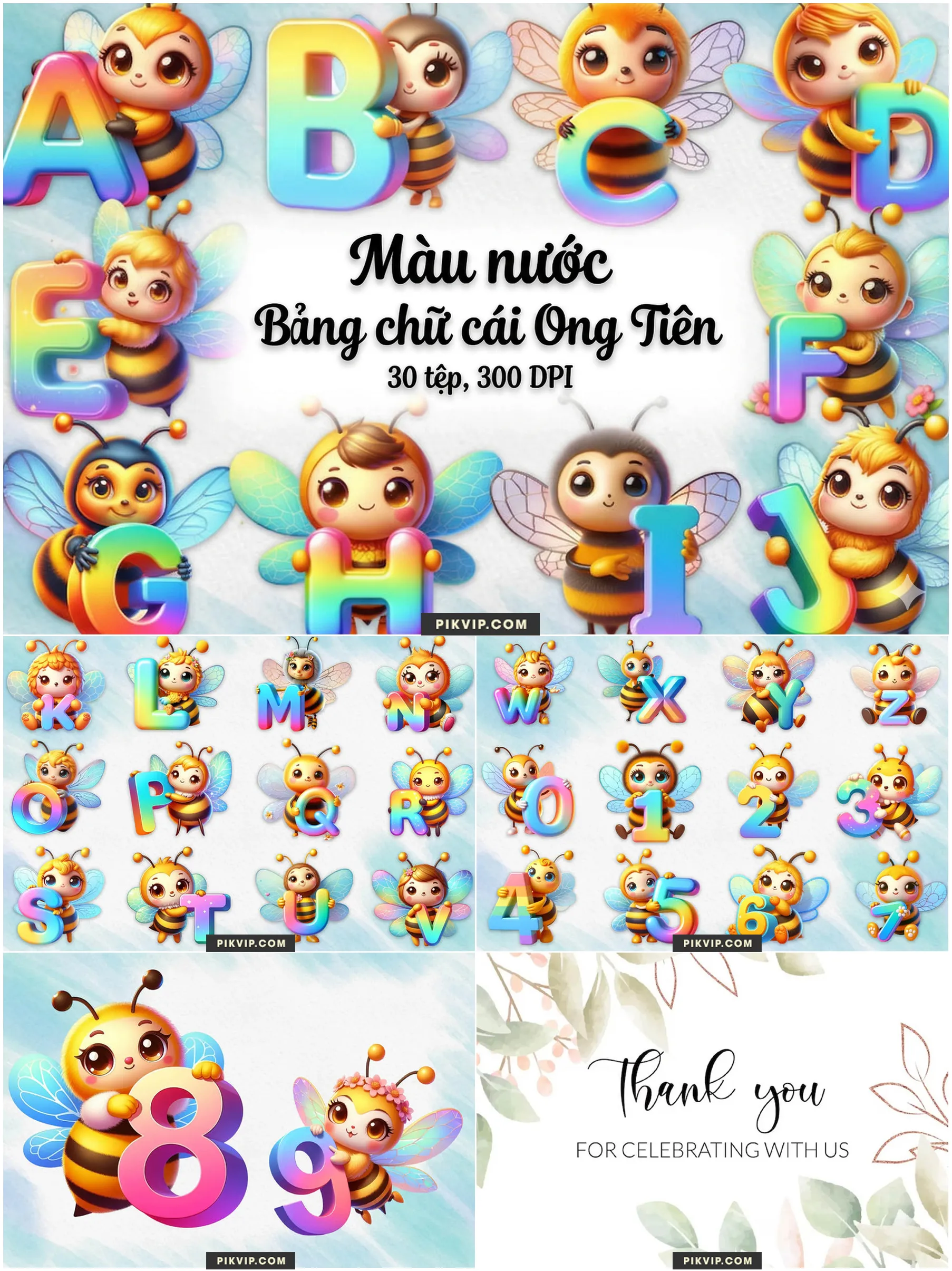 Bộ Chữ Cái Ong Tiên Màu Nước Dễ Thương Dành Cho Bé