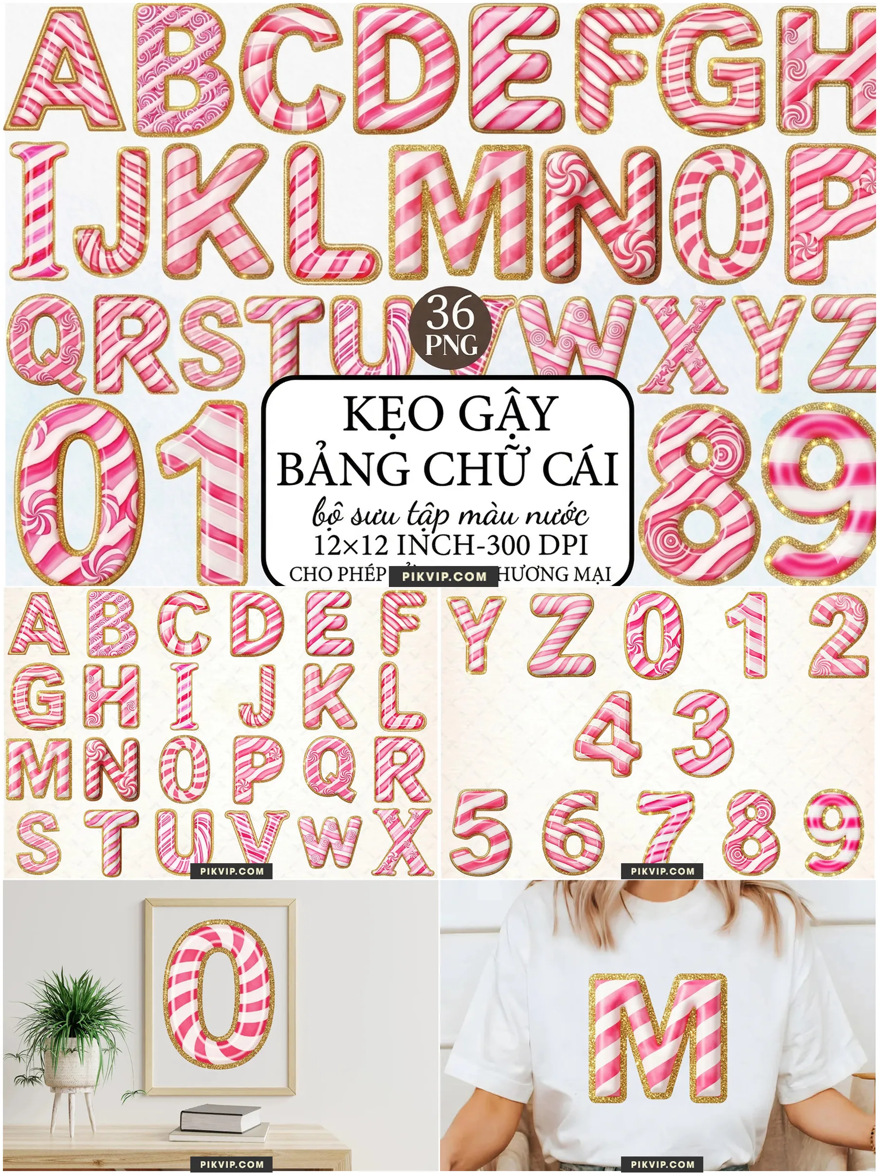 Bảng Chữ Cái Kẹo Gậy Giáng Sinh Viền Vàng Lấp Lánh PNG