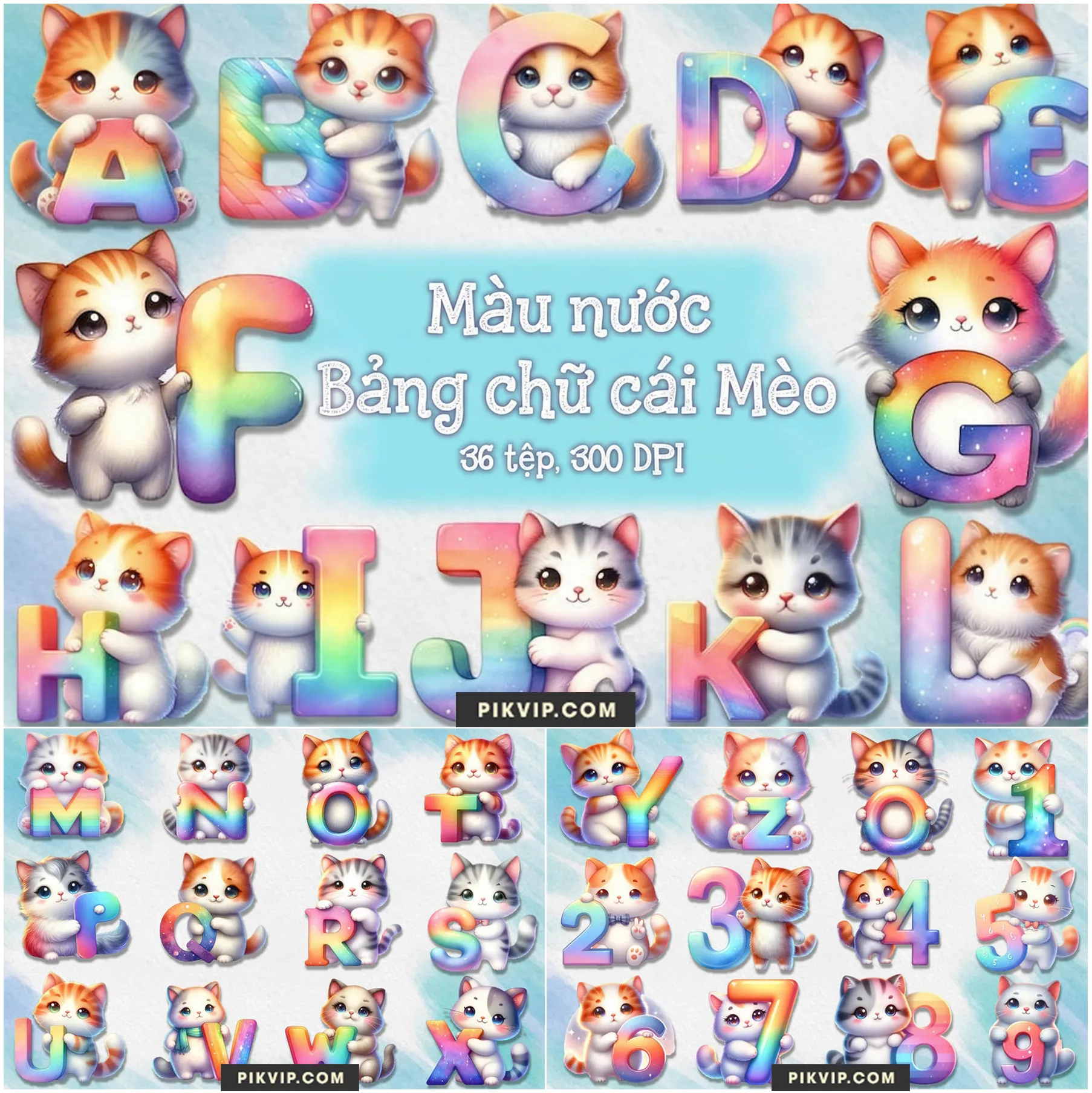 Bộ Chữ Cái Mèo Con Ôm Chữ Cầu Vồng Màu Nước Siêu Cute