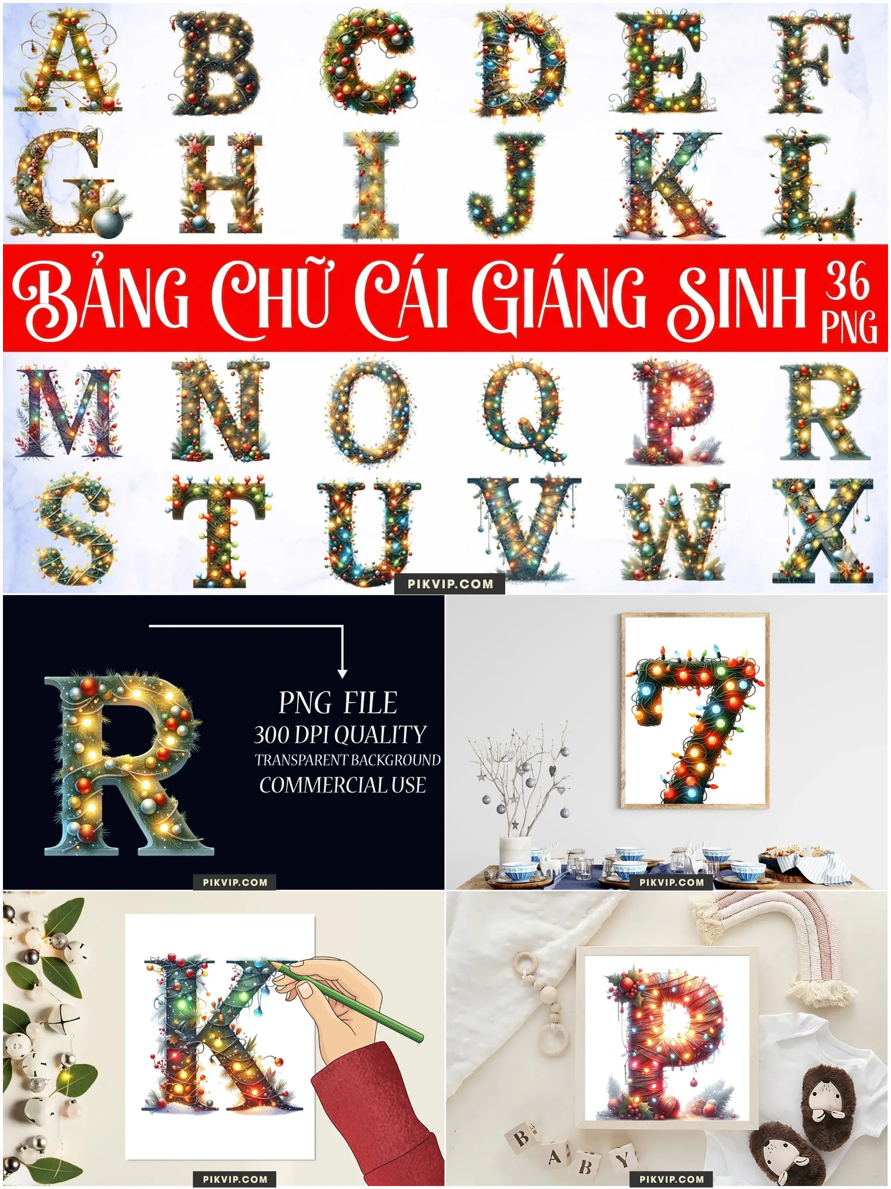 Bộ Bảng Chữ Cái Giáng Sinh Dây Đèn Led Lung Linh PNG