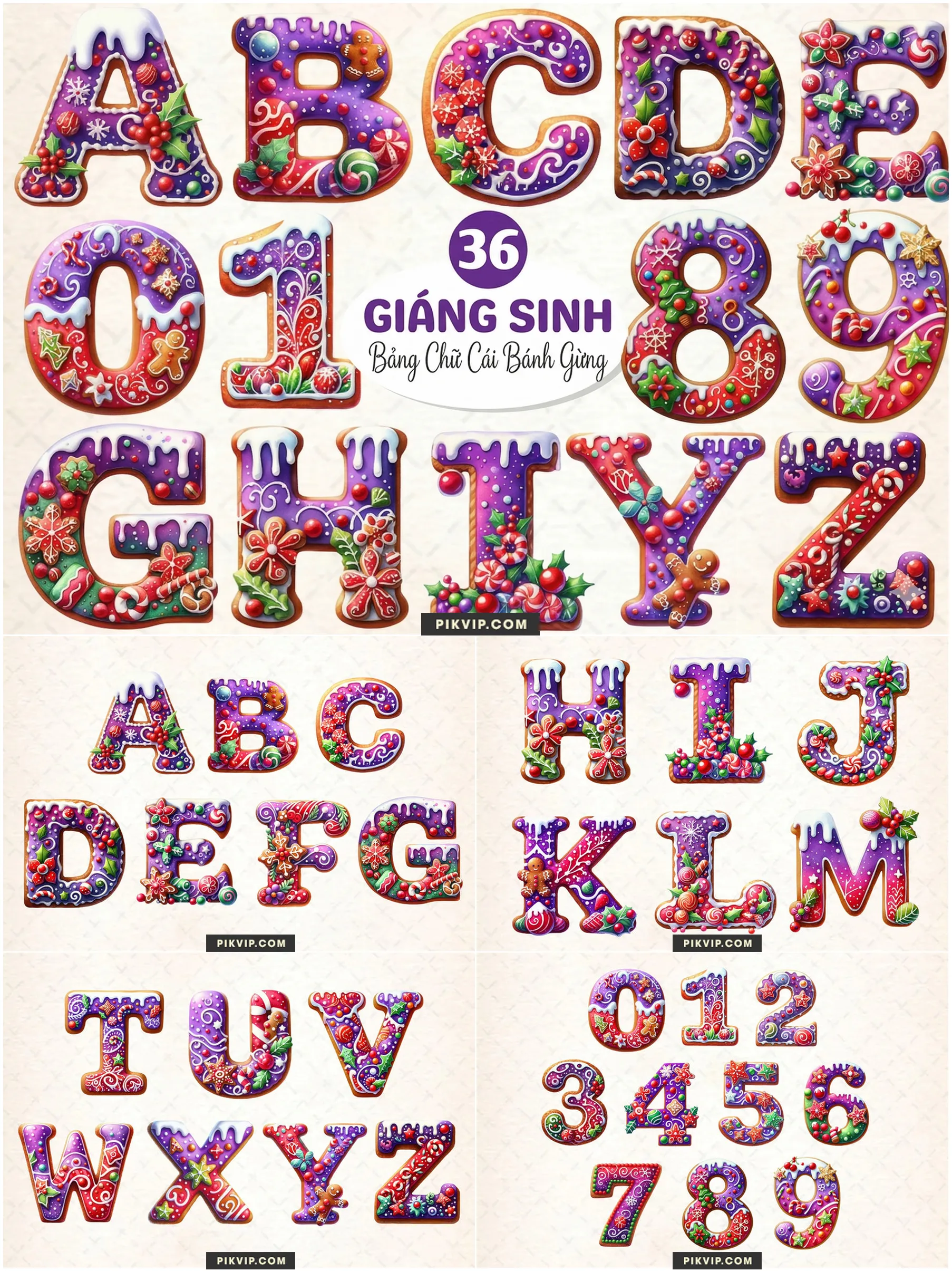 Bảng Chữ Cái Bánh Gừng Giáng Sinh Phủ Tuyết Tone Tím