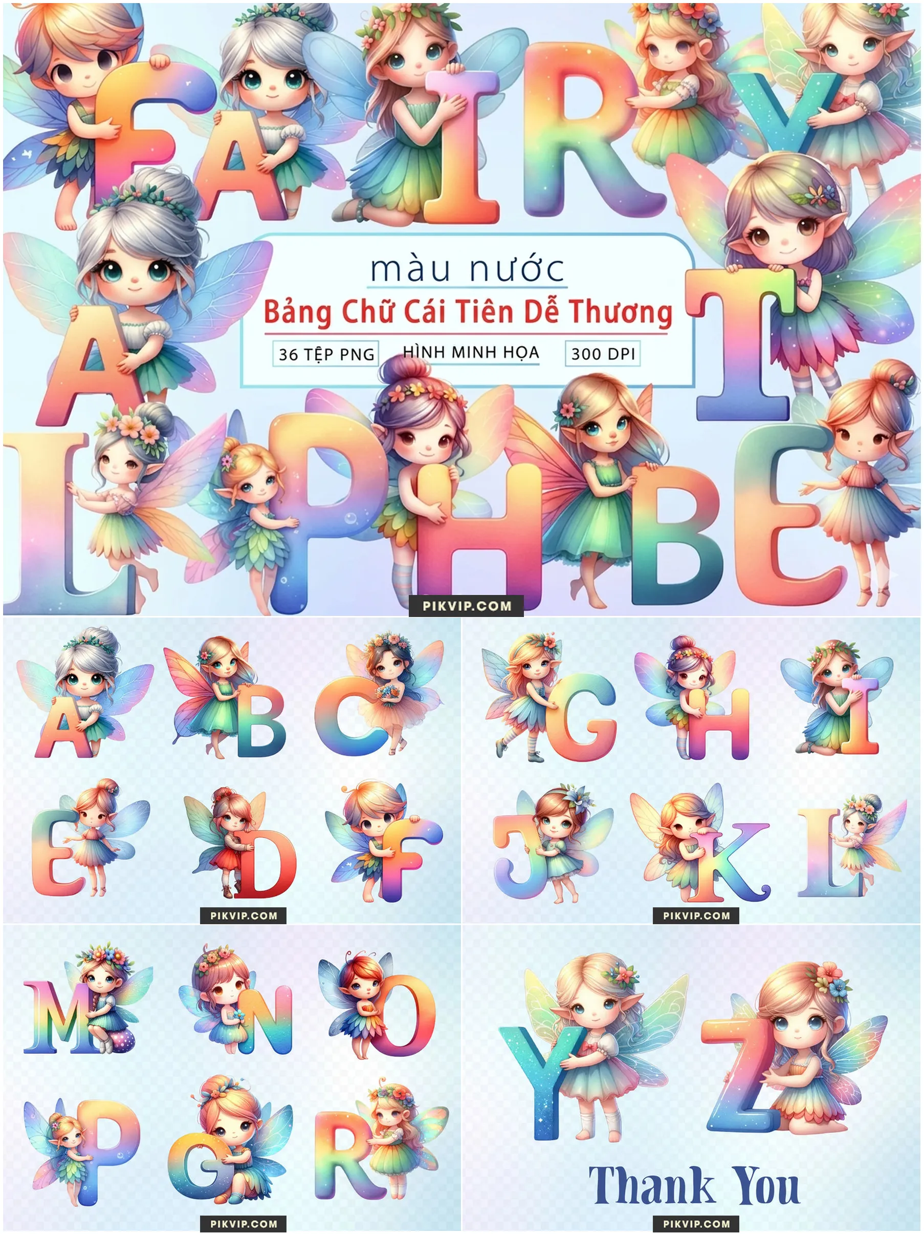 Bảng Chữ Cái Và Số Nàng Tiên Chibi Màu Nước Pastel