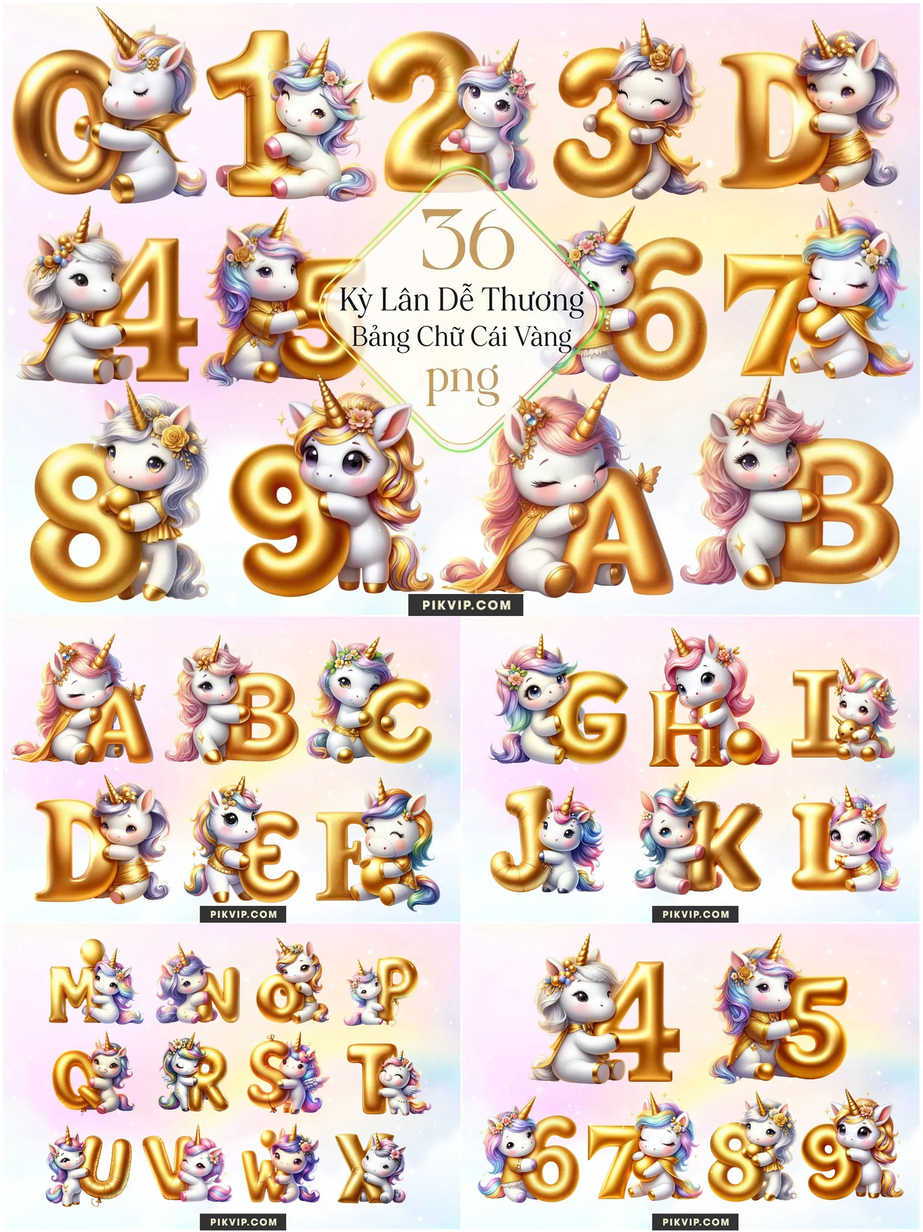 Bộ Chữ Cái Tiếng Anh Tráng Vàng Kèm Kỳ Lân Sang Trọng