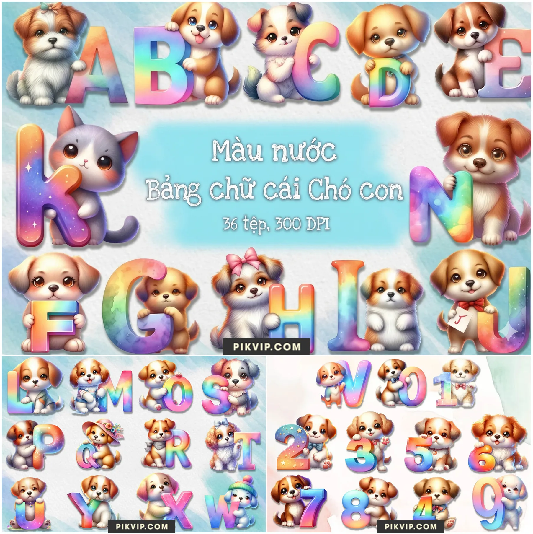 Bảng Chữ Cái Chó Con Chibi Màu Nước Cực Xinh