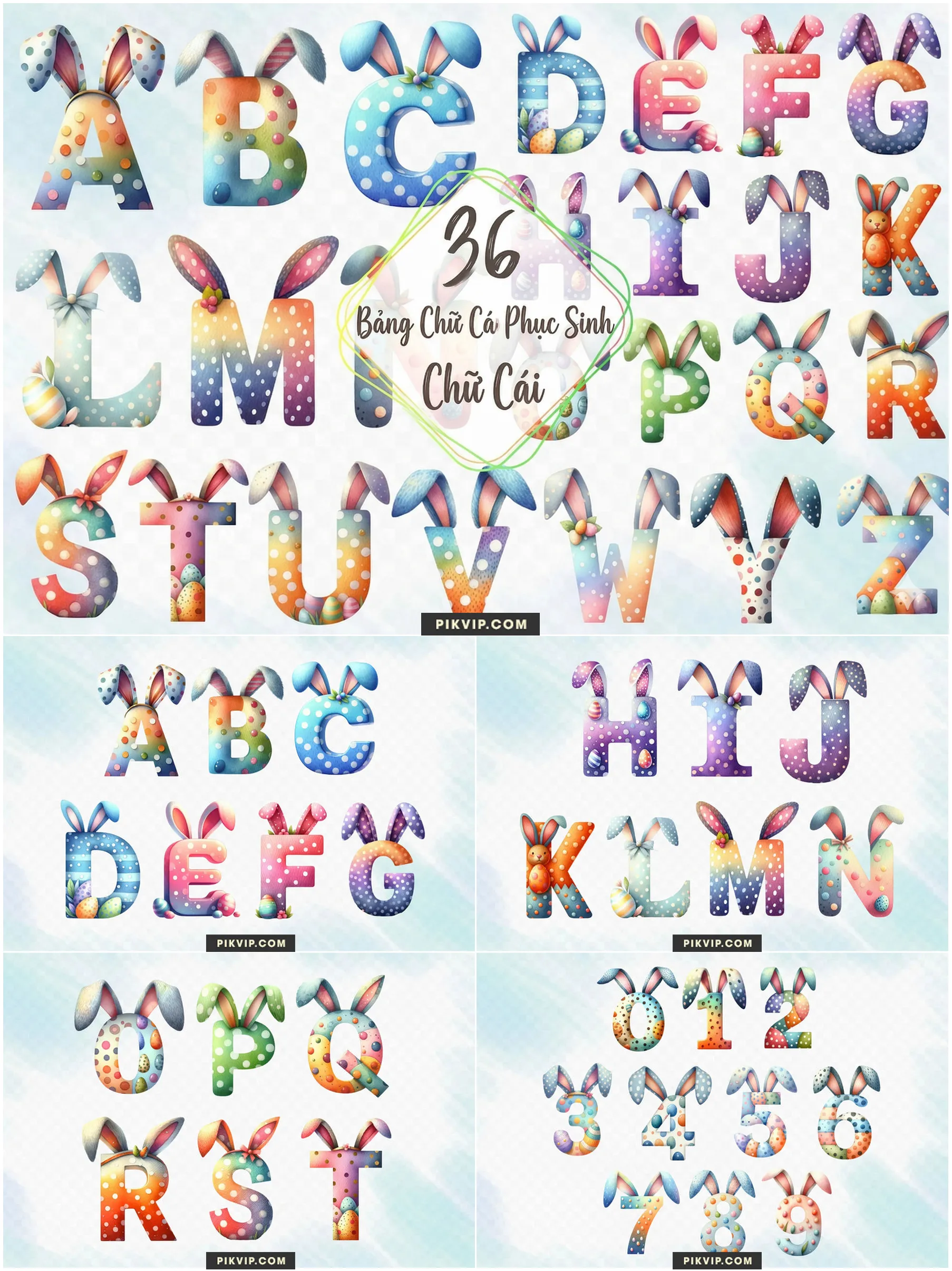 Bảng Chữ Cái Phục Sinh Tai Thỏ Họa Tiết Đáng Yêu