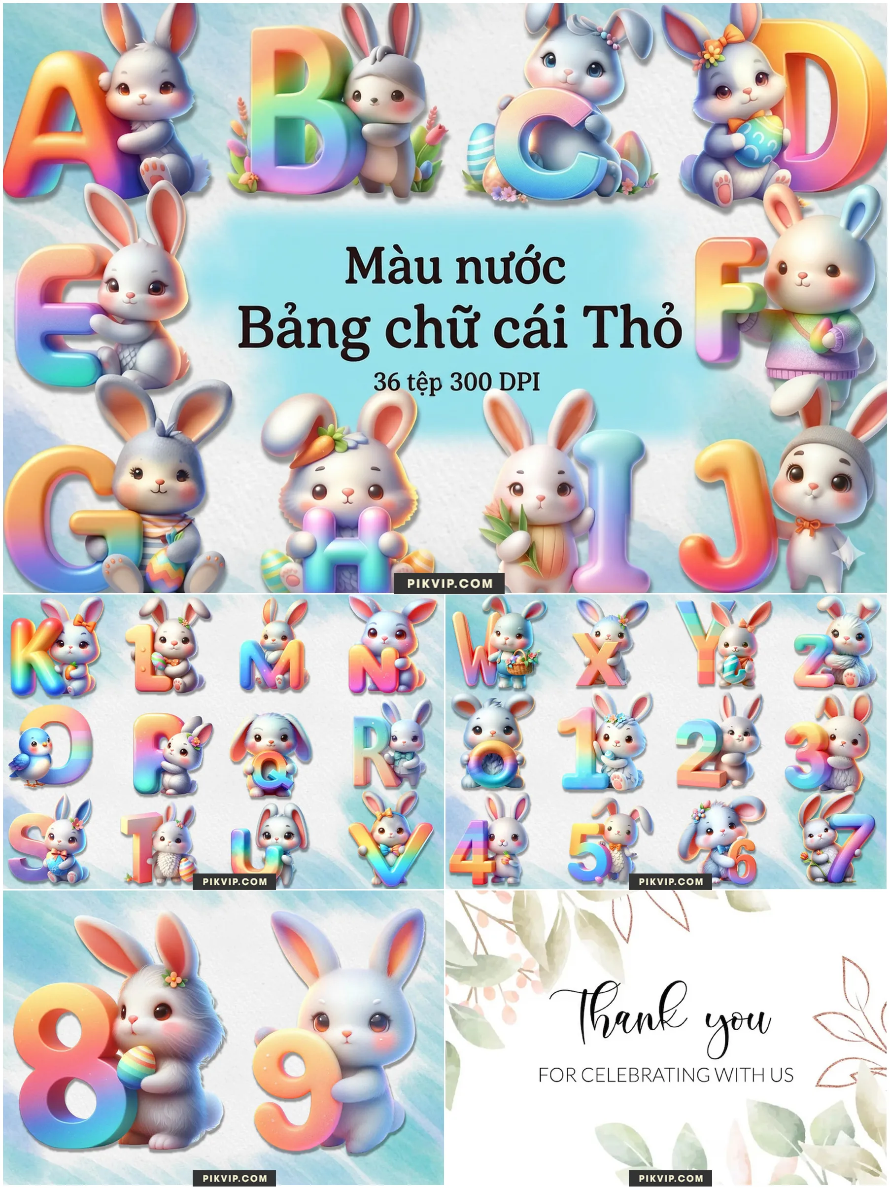 Bảng Chữ Cái Thỏ Con 3D Ôm Chữ Cầu Vồng Xinh Xắn