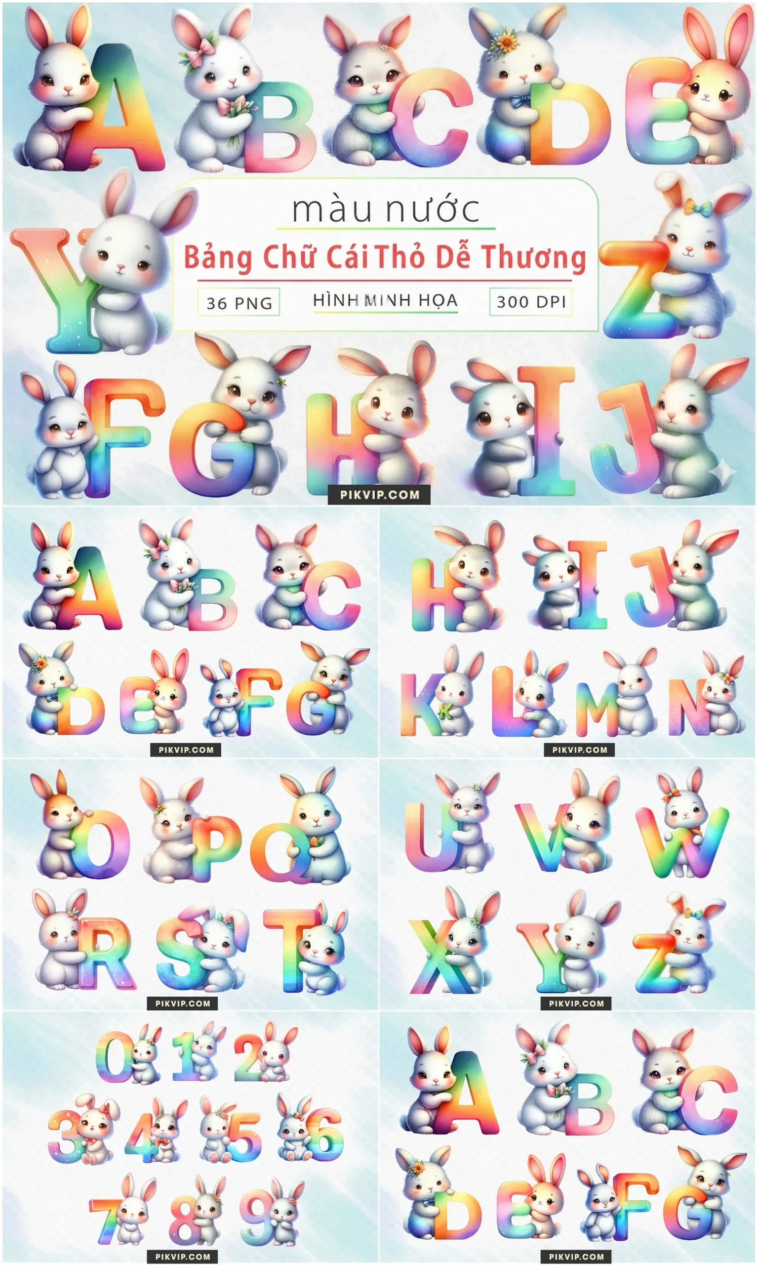 Bảng Chữ Cái Thỏ Trắng Dễ Thương Màu Nước Pastel