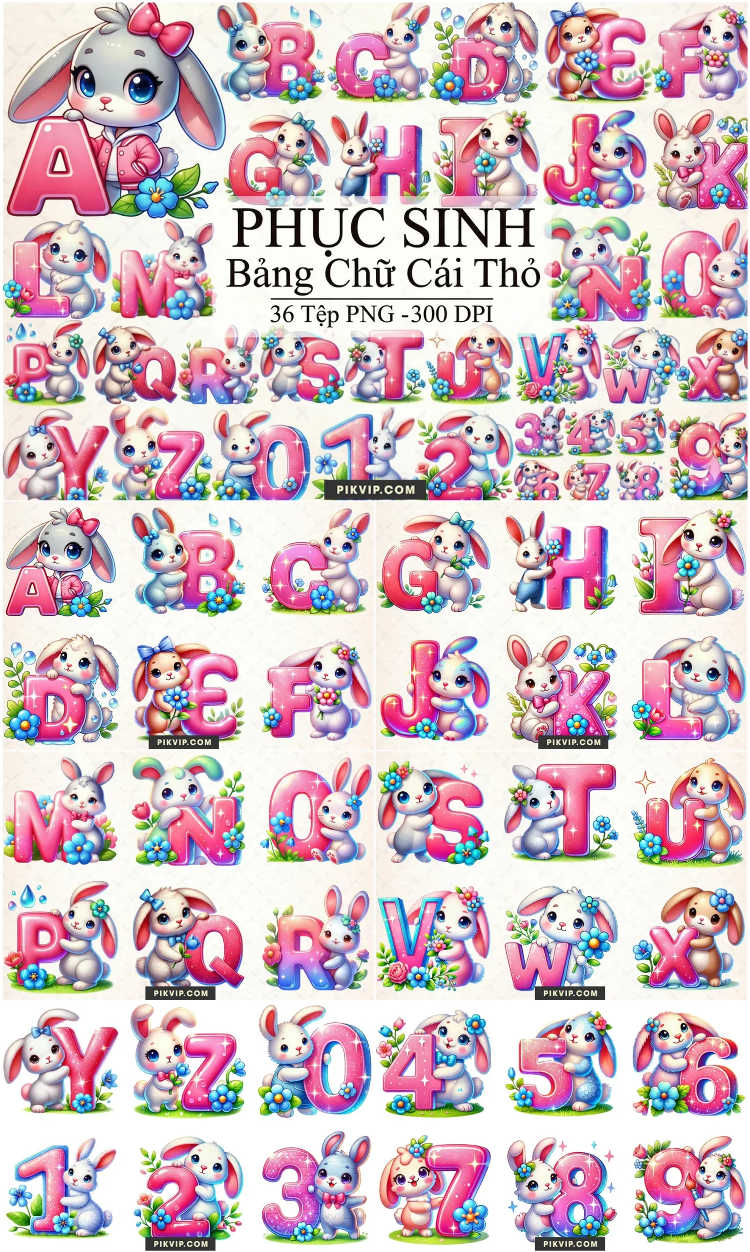 Bộ Chữ Cái Thỏ Phục Sinh Màu Hồng Rực Rỡ Chuyên In Ấn