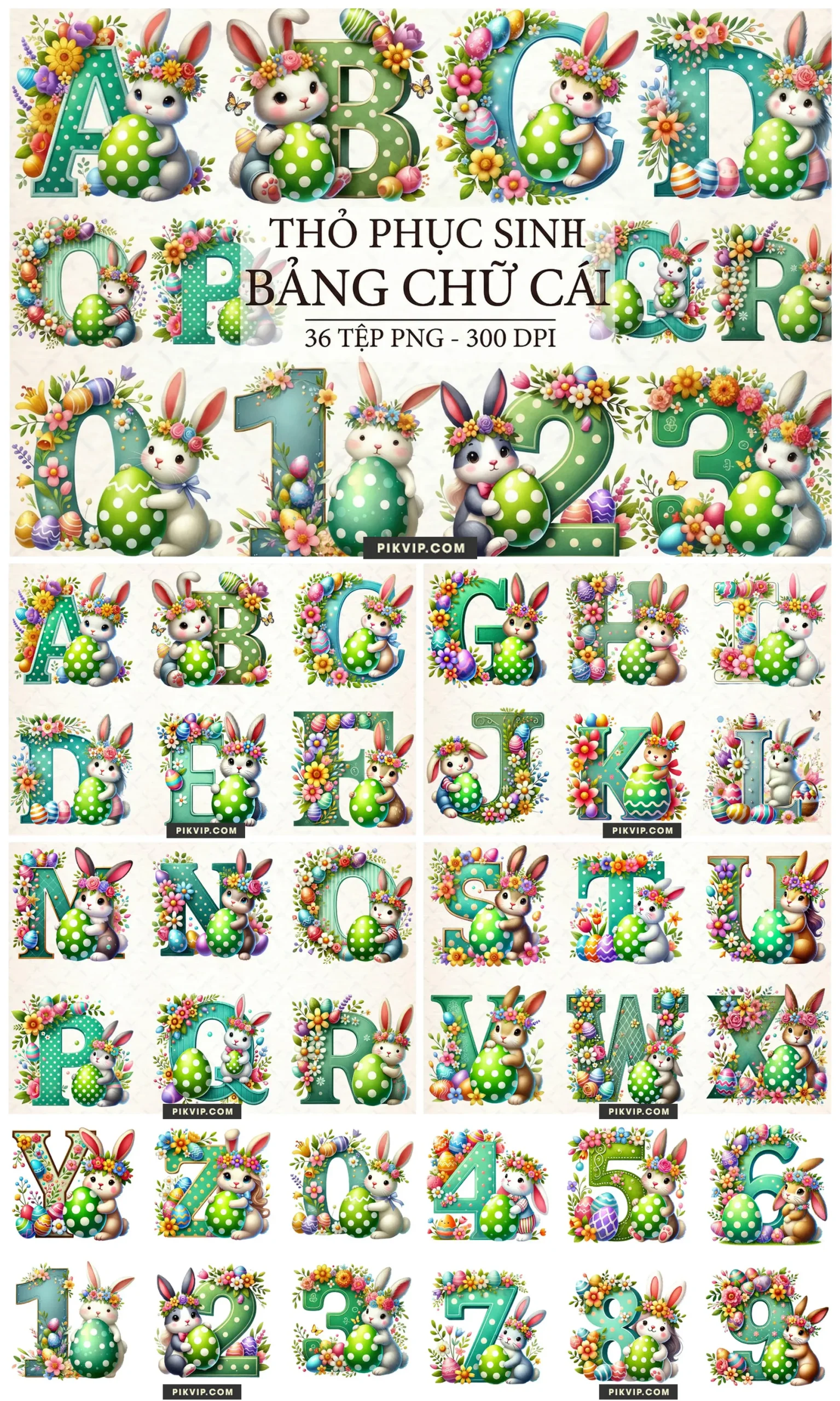 Bảng Chữ Cái Thỏ Phục Sinh Ôm Trứng Tone Xanh Ngọc
