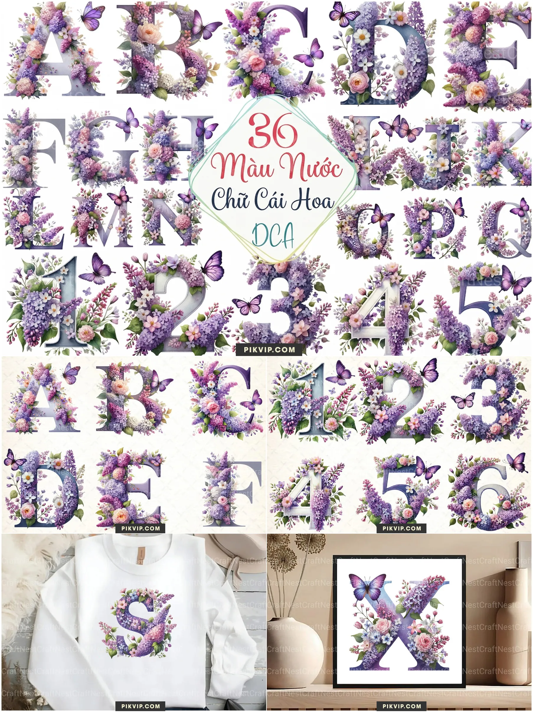 Bộ Chữ Cái Hoa Tử Đinh Hương Kèm Bướm Tím Mộng Mơ