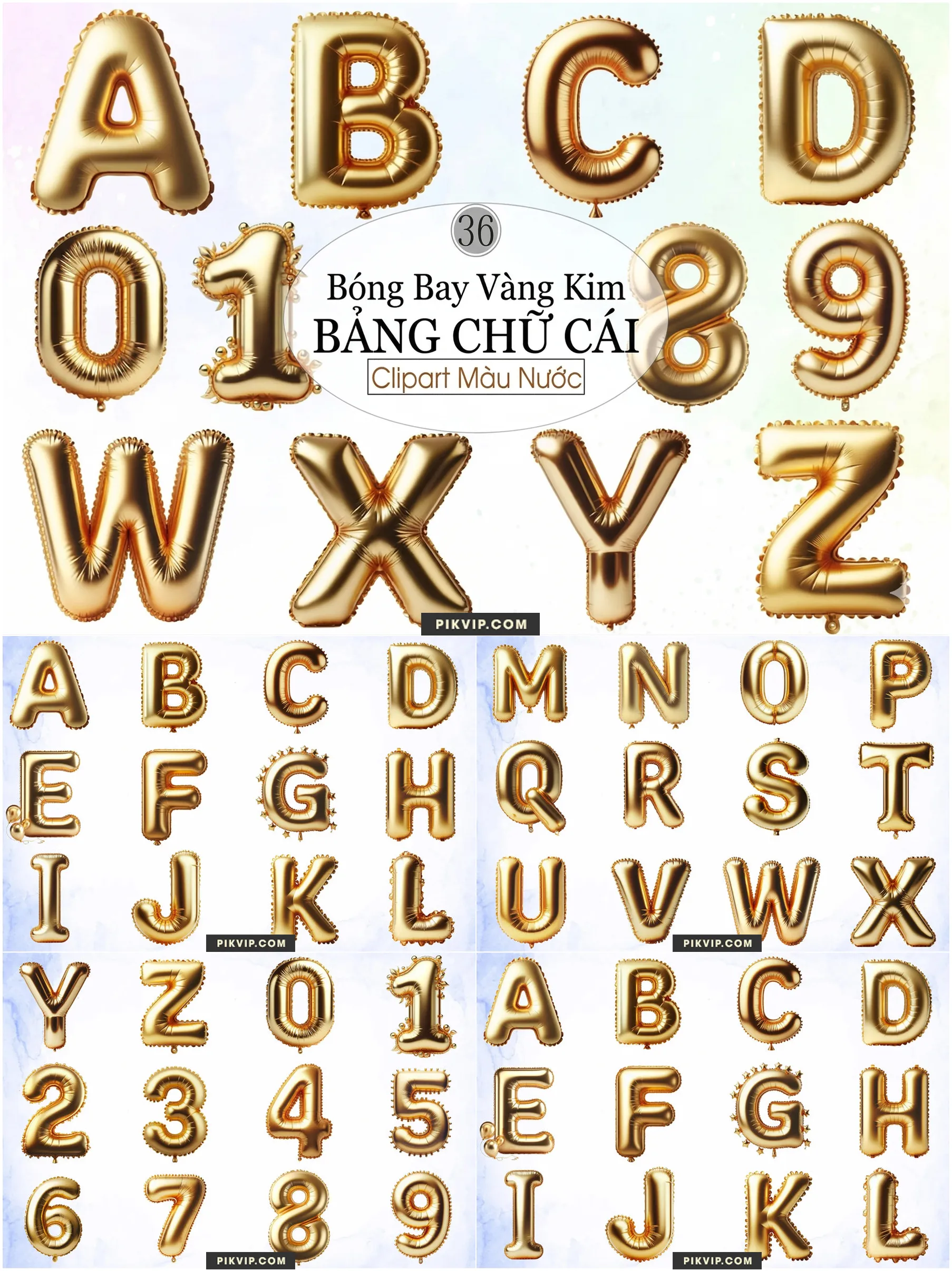 Bộ Chữ Cái Bong Bóng Vàng Gold Sang Trọng Phẳng Mịn