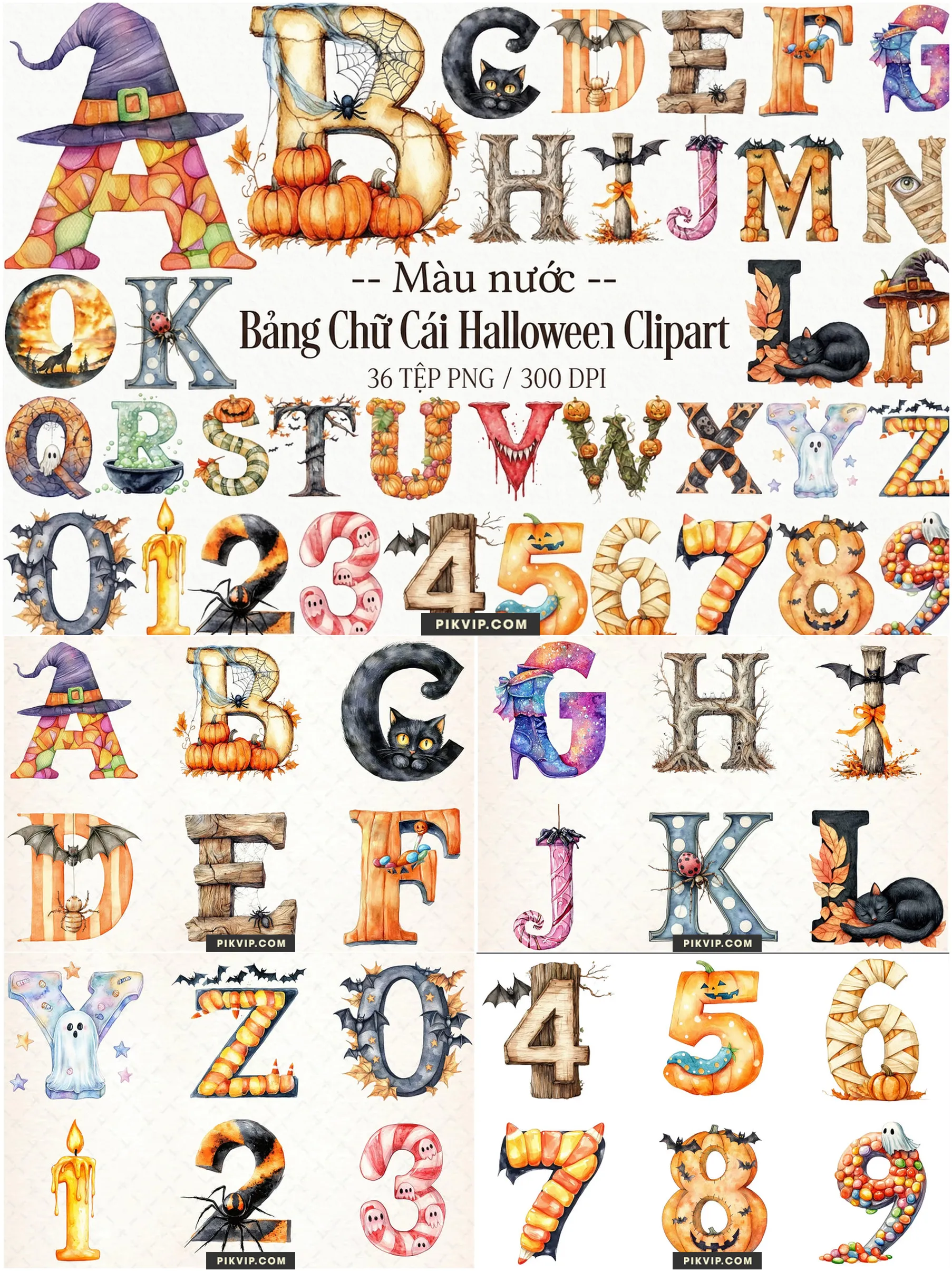 Bảng Chữ Cái Halloween Clipart Màu Nước Thập Cẩm
