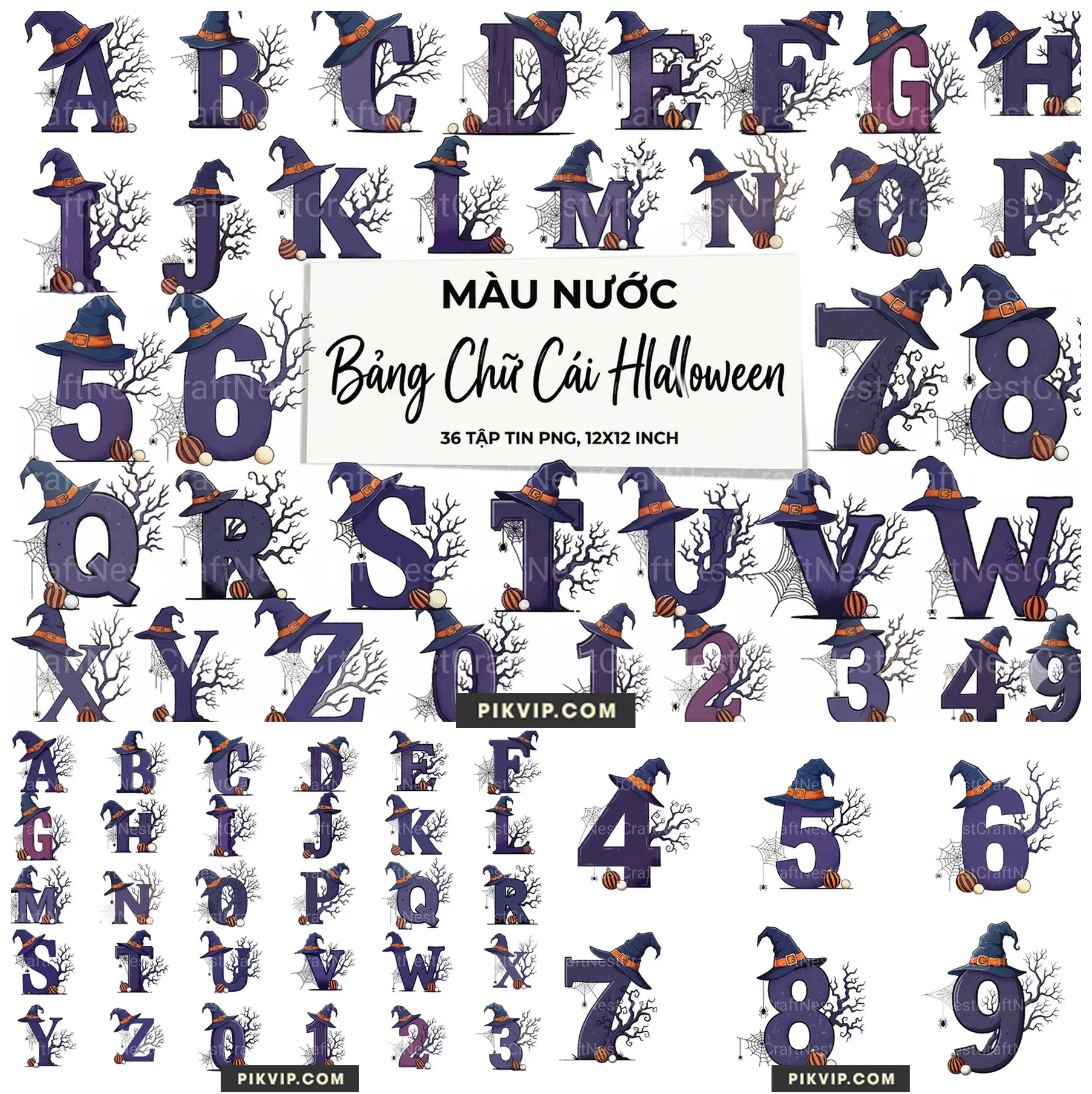 Báº£ng Chá»¯ CÃ¡i Halloween CÃ¢y KhÃ´ VÃ  MÅ© PhÃ¹ Thá»§y Ma Má»