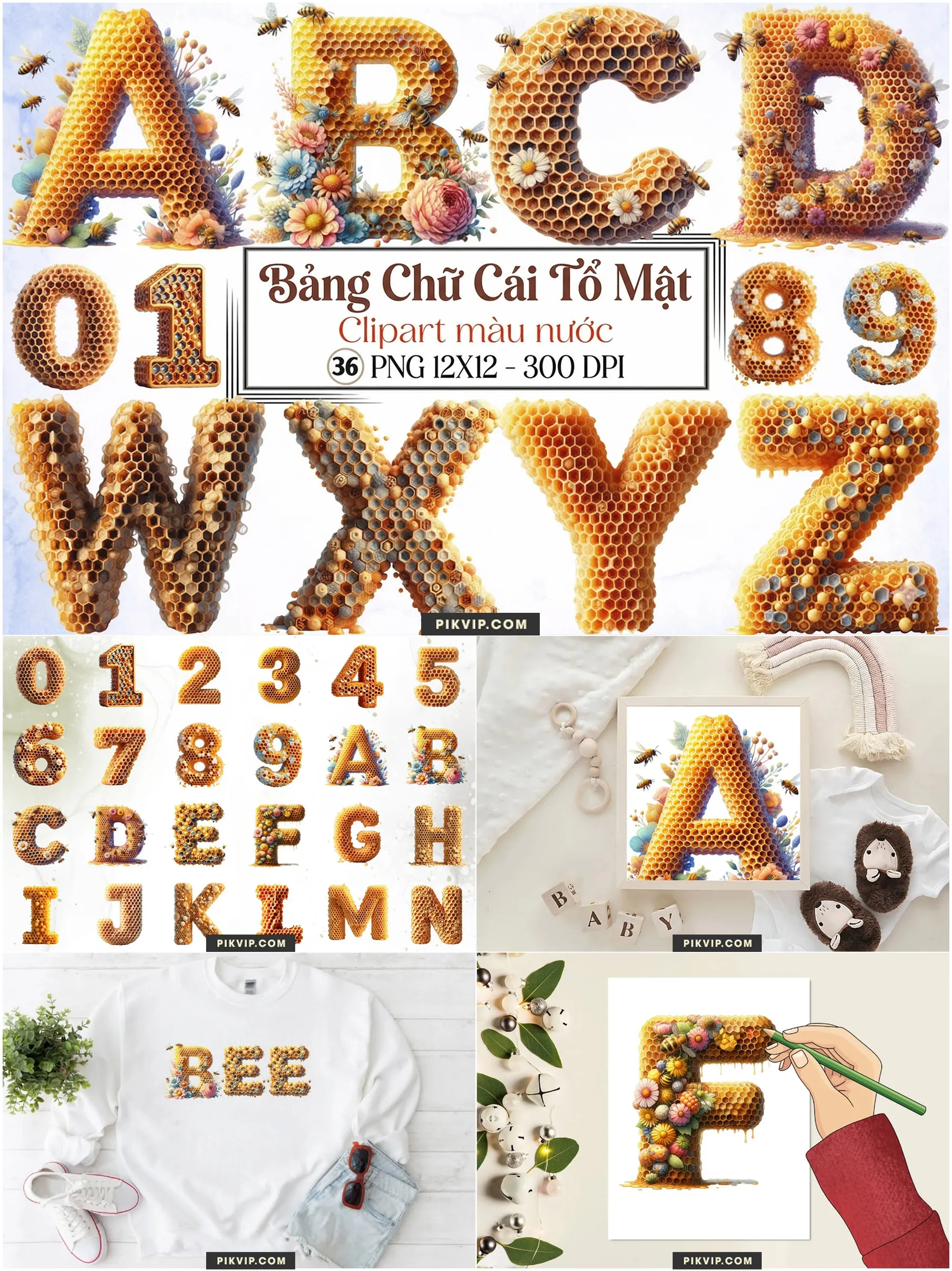 Bộ Chữ Cái Tổ Ong Mật Trang Trí Hoa Màu Nước