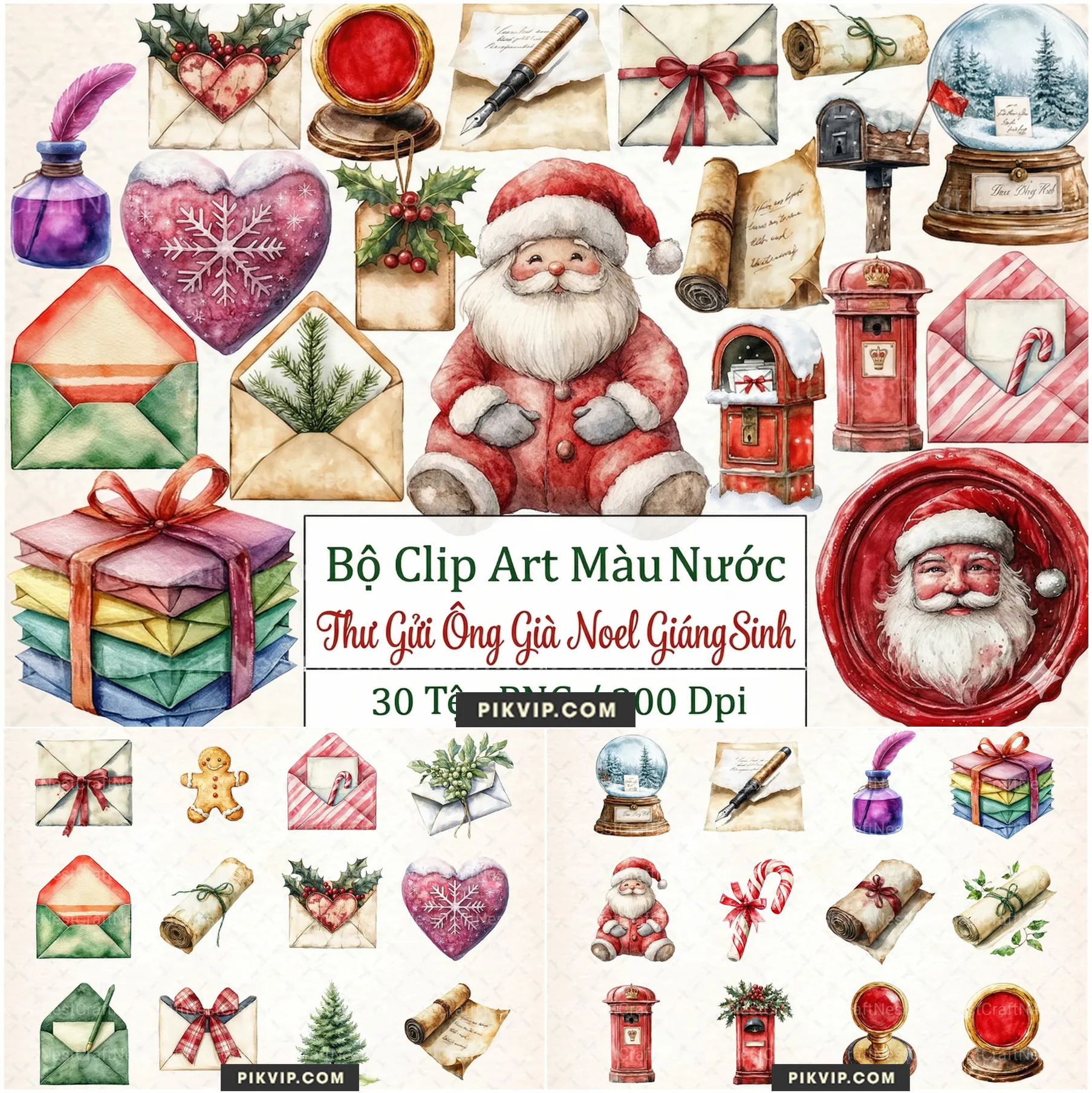 Bộ Clipart Màu Nước Chủ Đề Thư Gửi Ông Già Noel