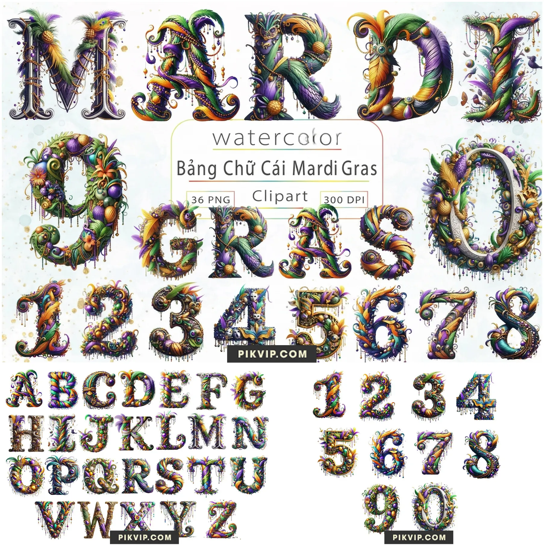 Bảng Chữ Cái Lễ Hội Mardi Gras Rực Rỡ Sắc Lông Vũ