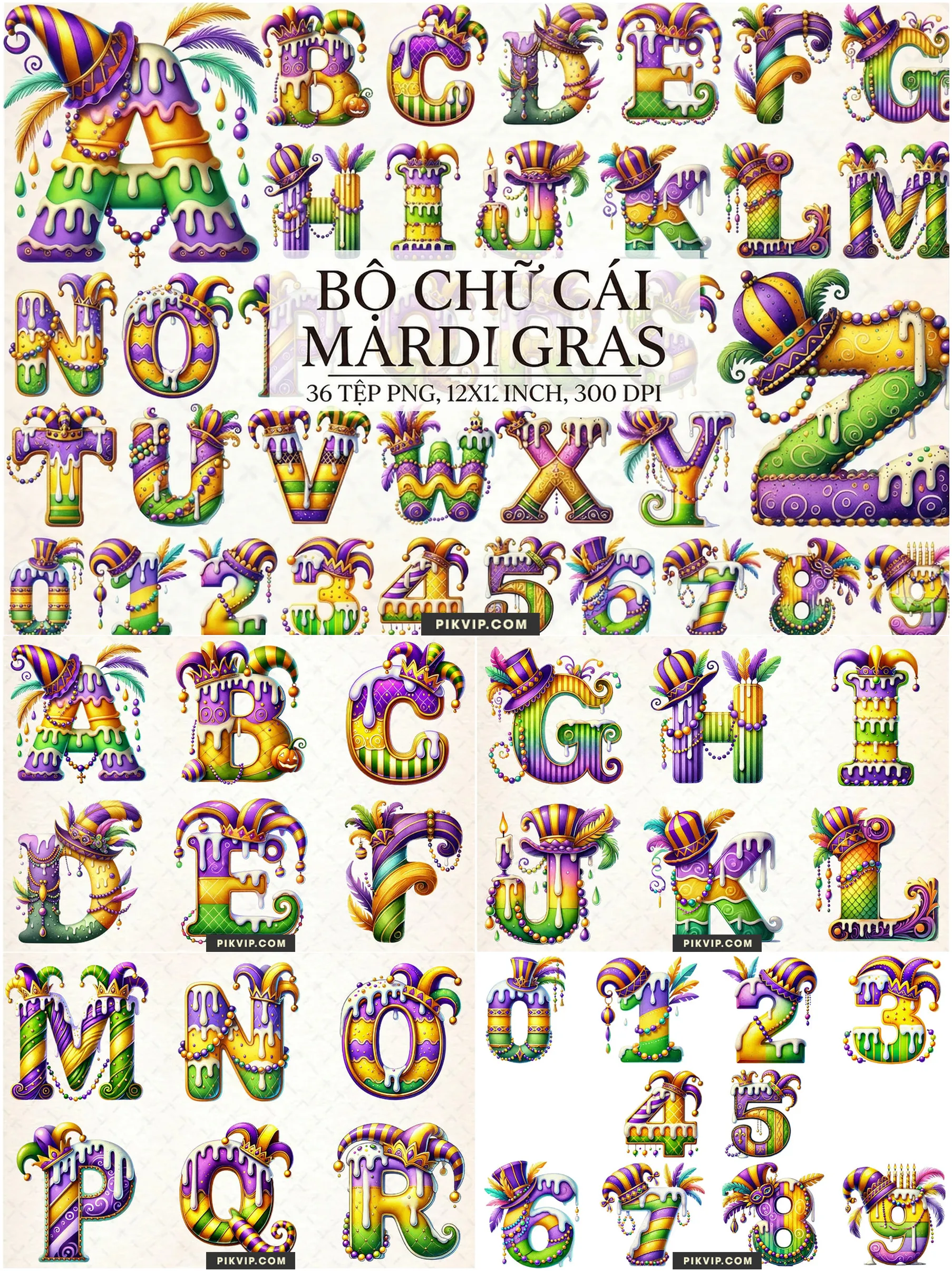 Bộ Chữ Cái Mardi Gras Kèm Mũ Lễ Hội Và Phủ Kem